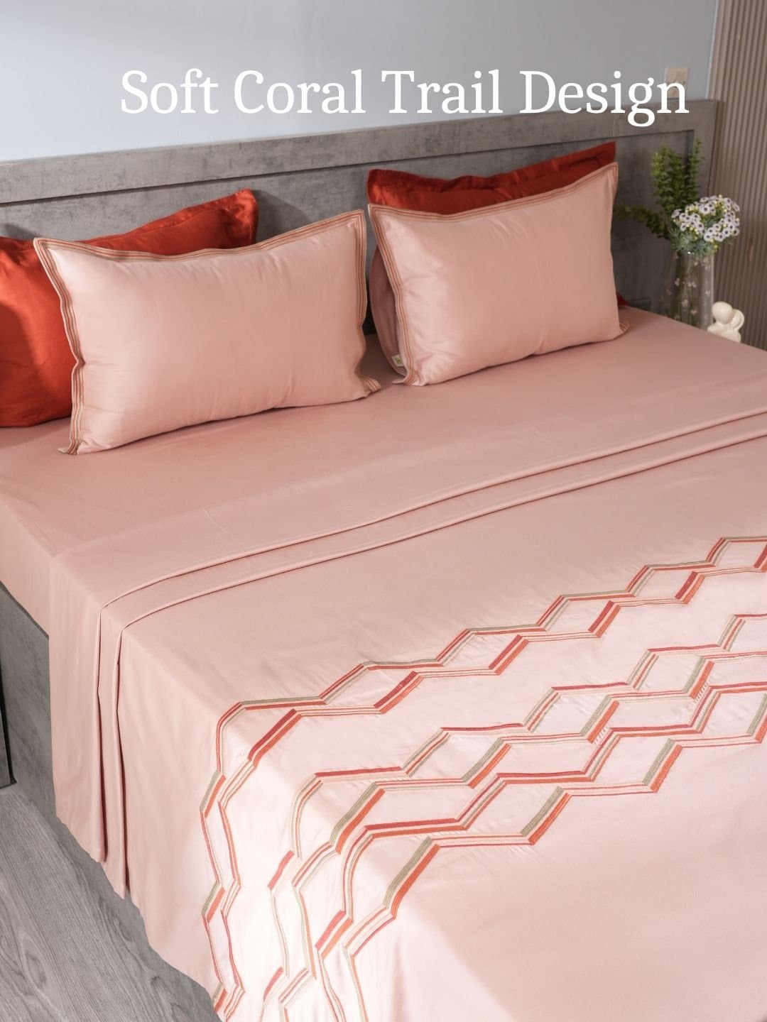Champagne Rose Embroidered Bedsheet Set | Soft Coral Trail | Designer Embroidery | 1 Bedsheet with 2 Pillow Covers | Luxury Bedroom Décor (108″x108″/274cmx274cm)