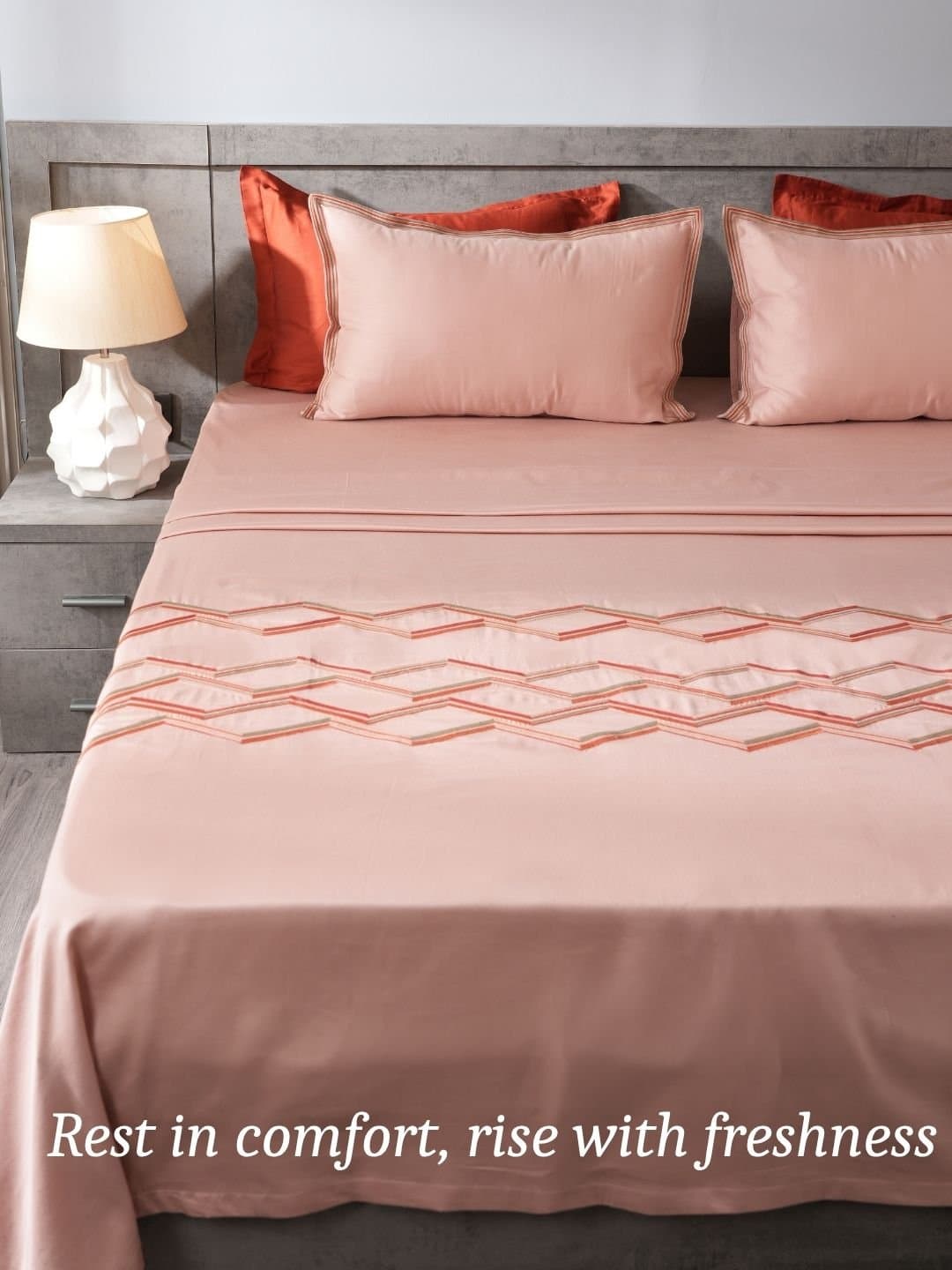 Champagne Rose Embroidered Bedsheet Set | Soft Coral Trail | Designer Embroidery | 1 Bedsheet with 2 Pillow Covers | Luxury Bedroom Décor (108″x108″/274cmx274cm) view 5
