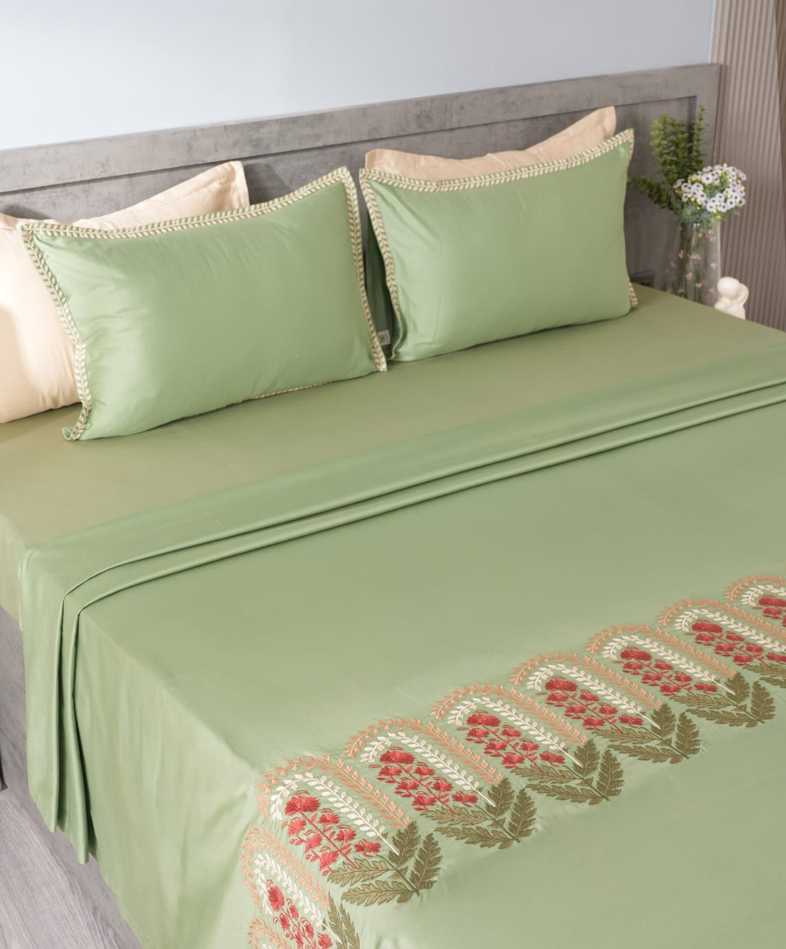 Eden Green Embroidered Bedsheet Set | Imperial Garden | Designer Embroidery | 1 Bedsheet with 2 Pillow Covers | Luxury Bedroom Décor (108″x108″/274cmx274cm)