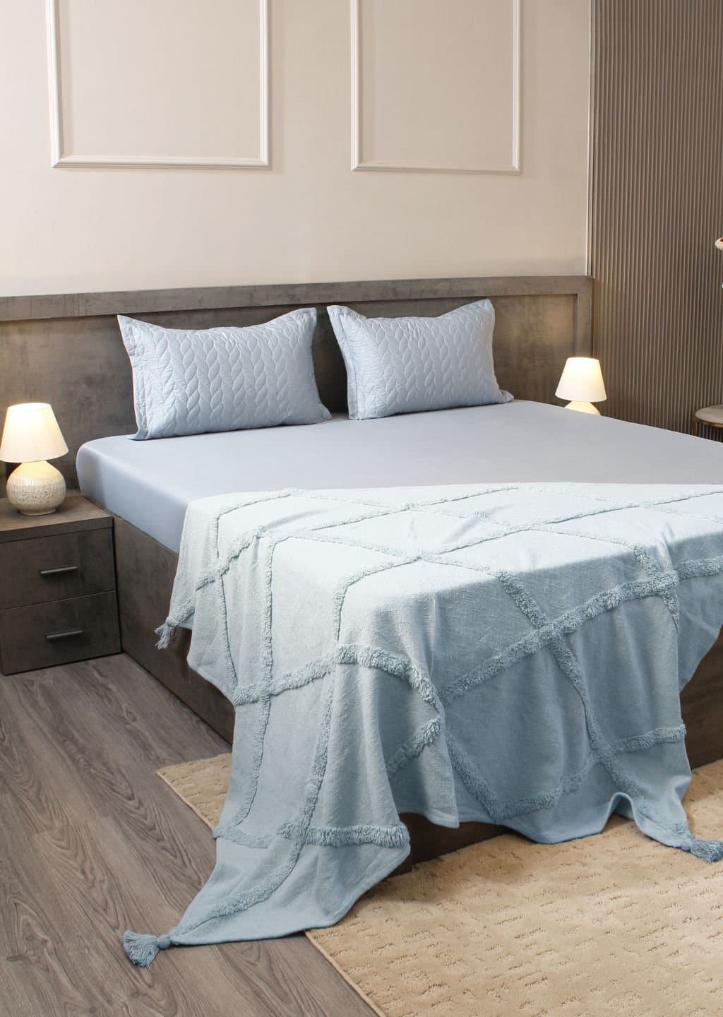 Aura-Quilt Pillow Covers Collection | 100% Cotton | Solids | 300TC | Set of 2 Quilted Pillow Covers | Steel Blue view 3