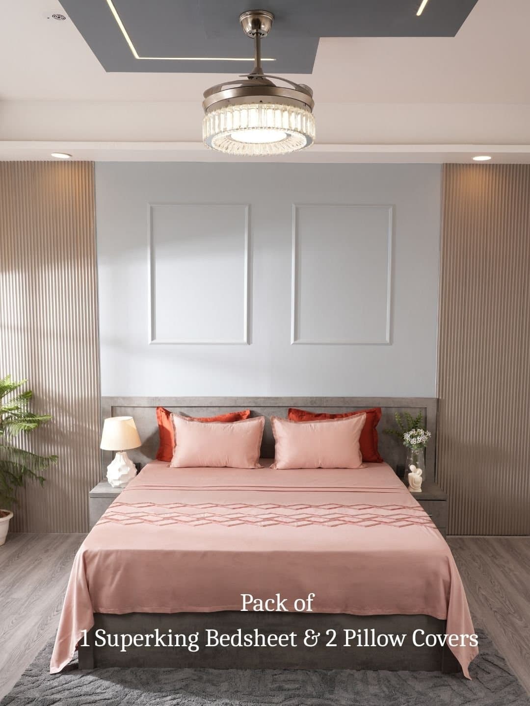Champagne Rose Embroidered Bedsheet Set | Soft Coral Trail | Designer Embroidery | 1 Bedsheet with 2 Pillow Covers | Luxury Bedroom Décor (108″x108″/274cmx274cm) view 6