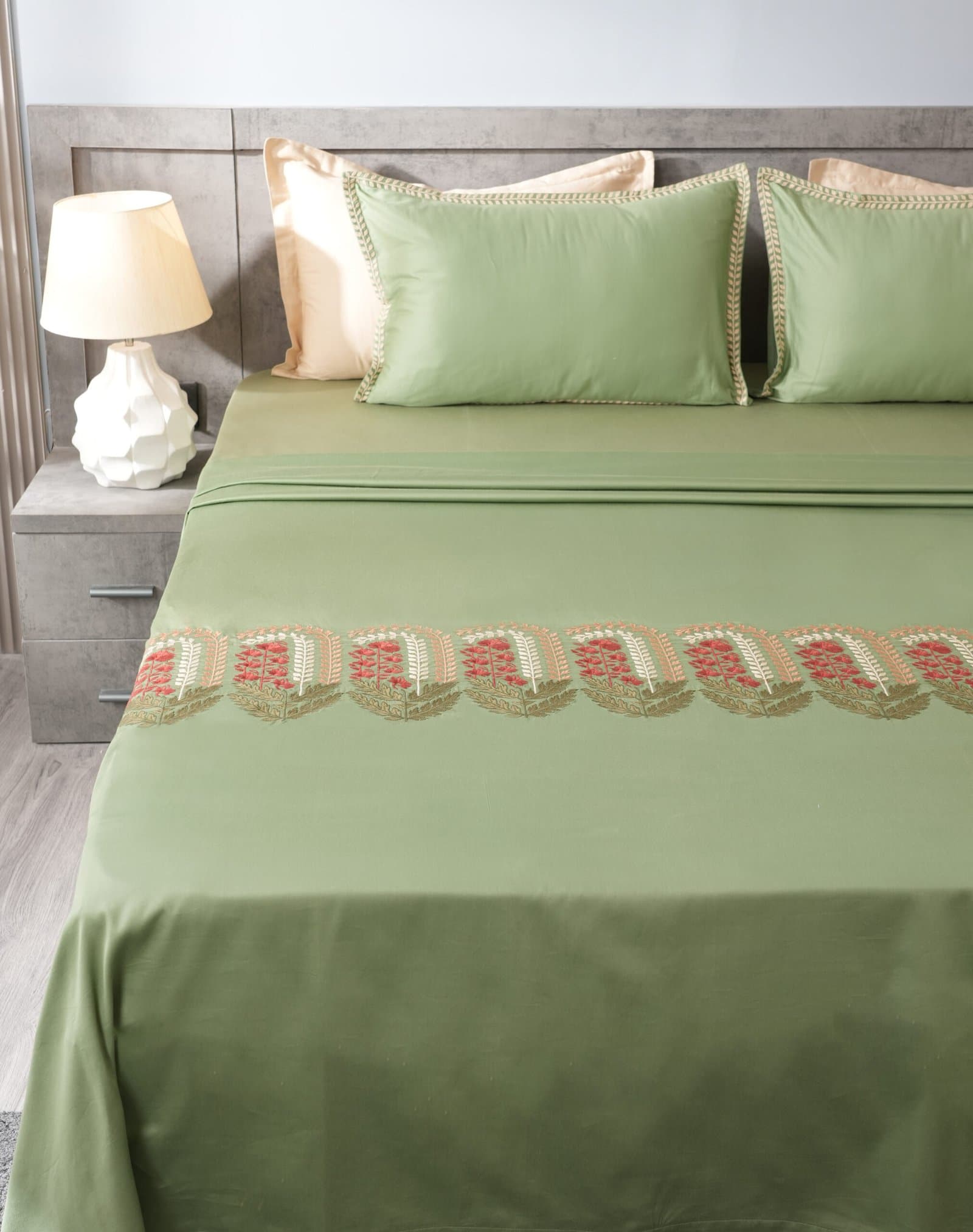 Eden Green Embroidered Bedsheet Set | Imperial Garden | Designer Embroidery | 1 Bedsheet with 2 Pillow Covers | Luxury Bedroom Décor (108″x108″/274cmx274cm) view 6