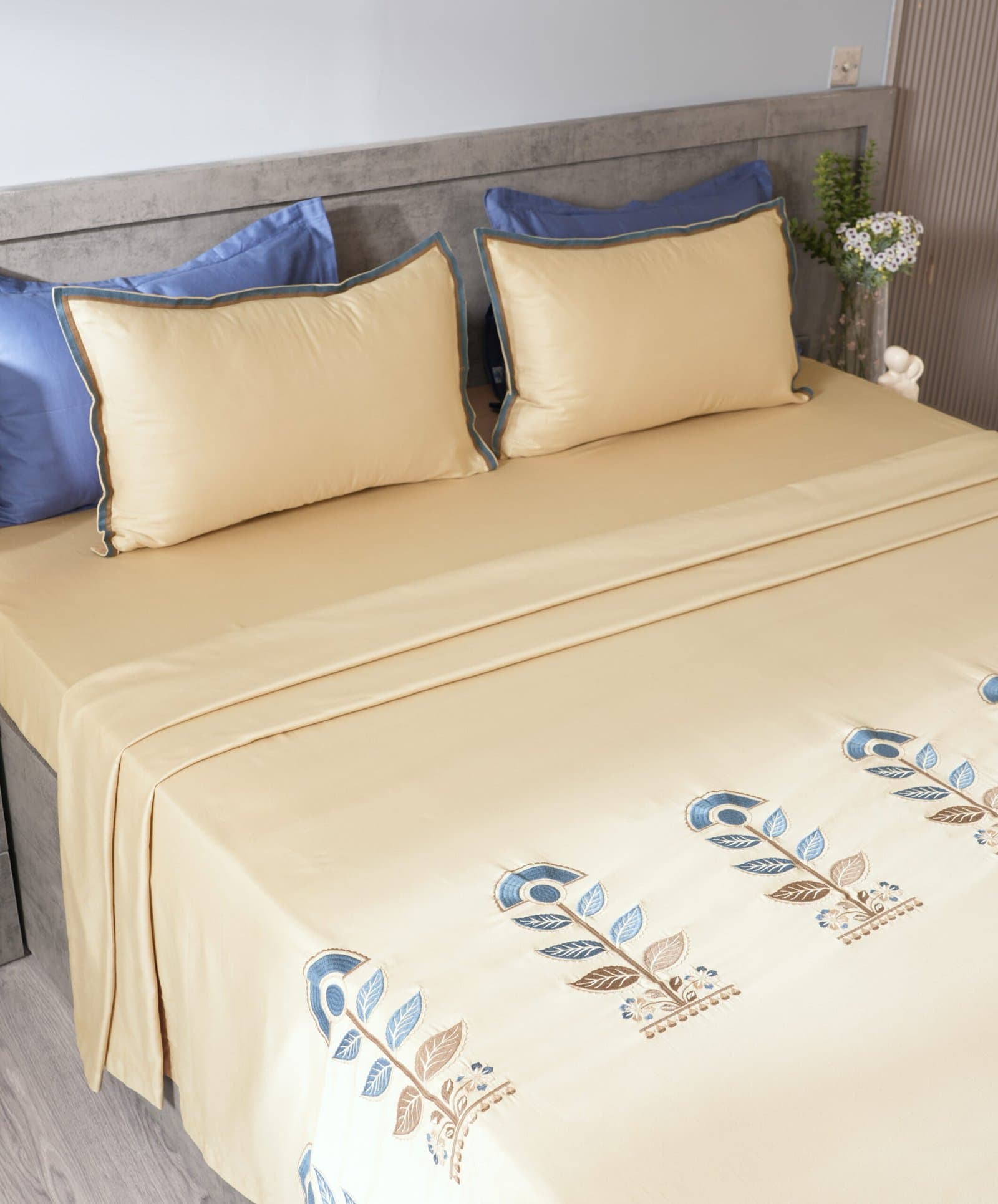 Cashmere Beige Embroidered Bedsheet Set | Neel Pushp | Designer Embroidery | 1 Bedsheet with 2 Pillow Covers | Luxury Bedroom Décor (108″x108″/274cmx274cm)