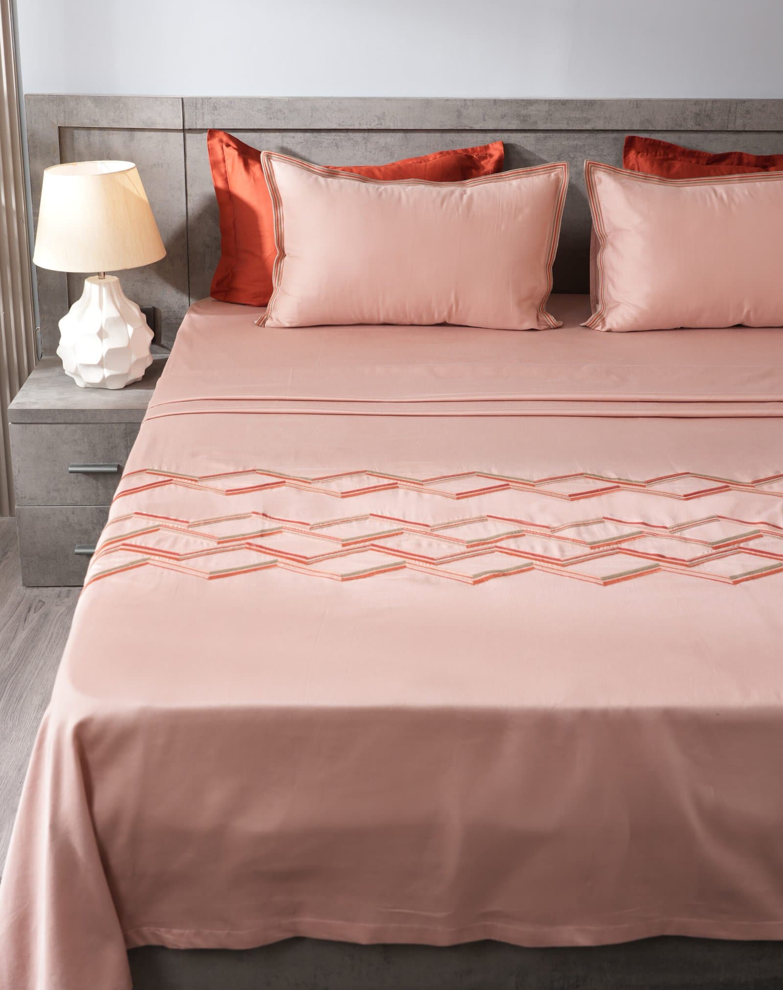 Champagne Rose Embroidered Bedsheet Set | Soft Coral Trail | Designer Embroidery | 1 Bedsheet with 2 Pillow Covers | Luxury Bedroom Décor (108″x108″/274cmx274cm) view 3