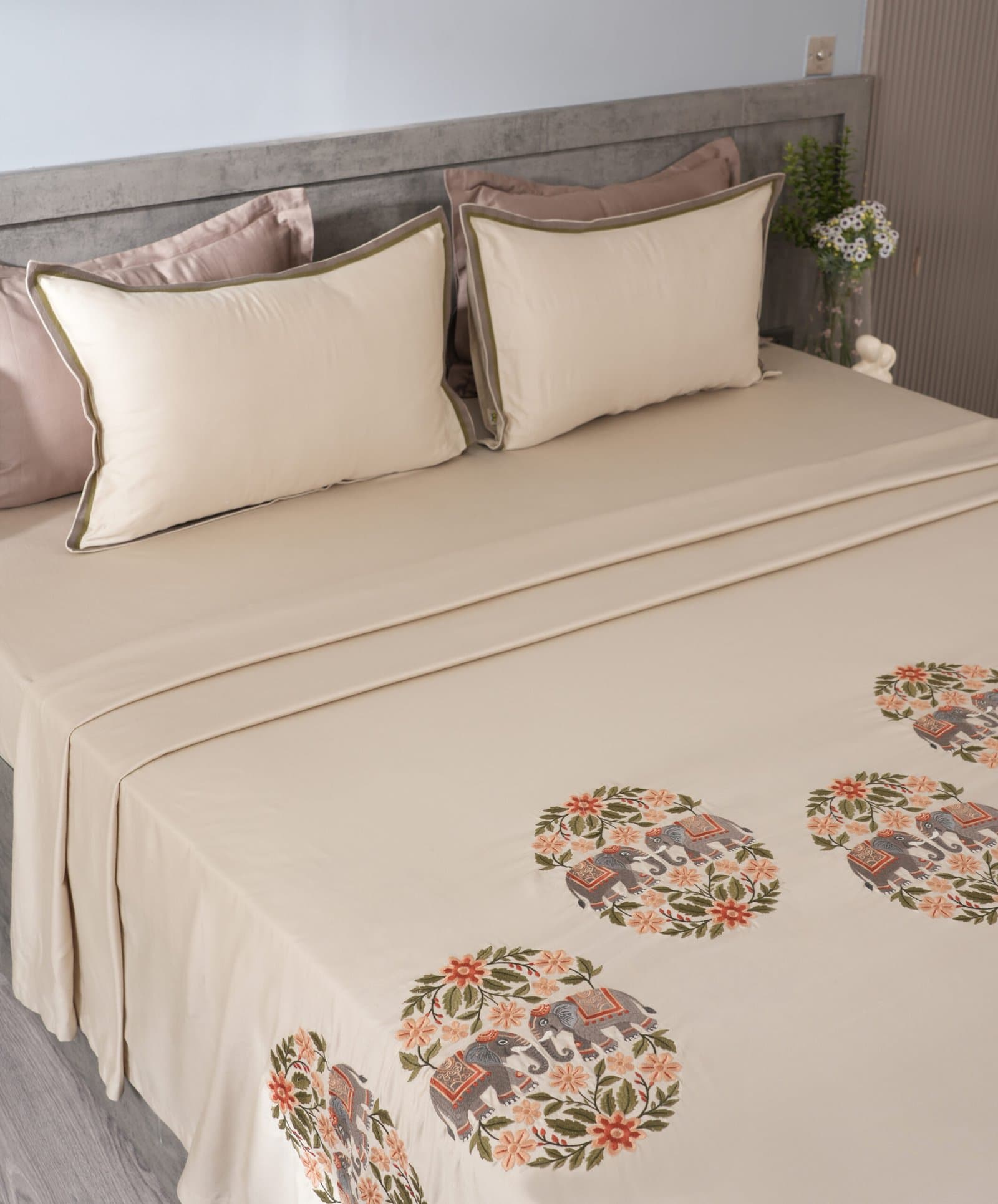 Soft Pearl Embroidered Bedsheet Set | Royal Gajraaj | Designer Embroidery | 1 Bedsheet with 2 Pillow Covers | Luxury Bedroom Décor (108″x108″/274cmx274cm)