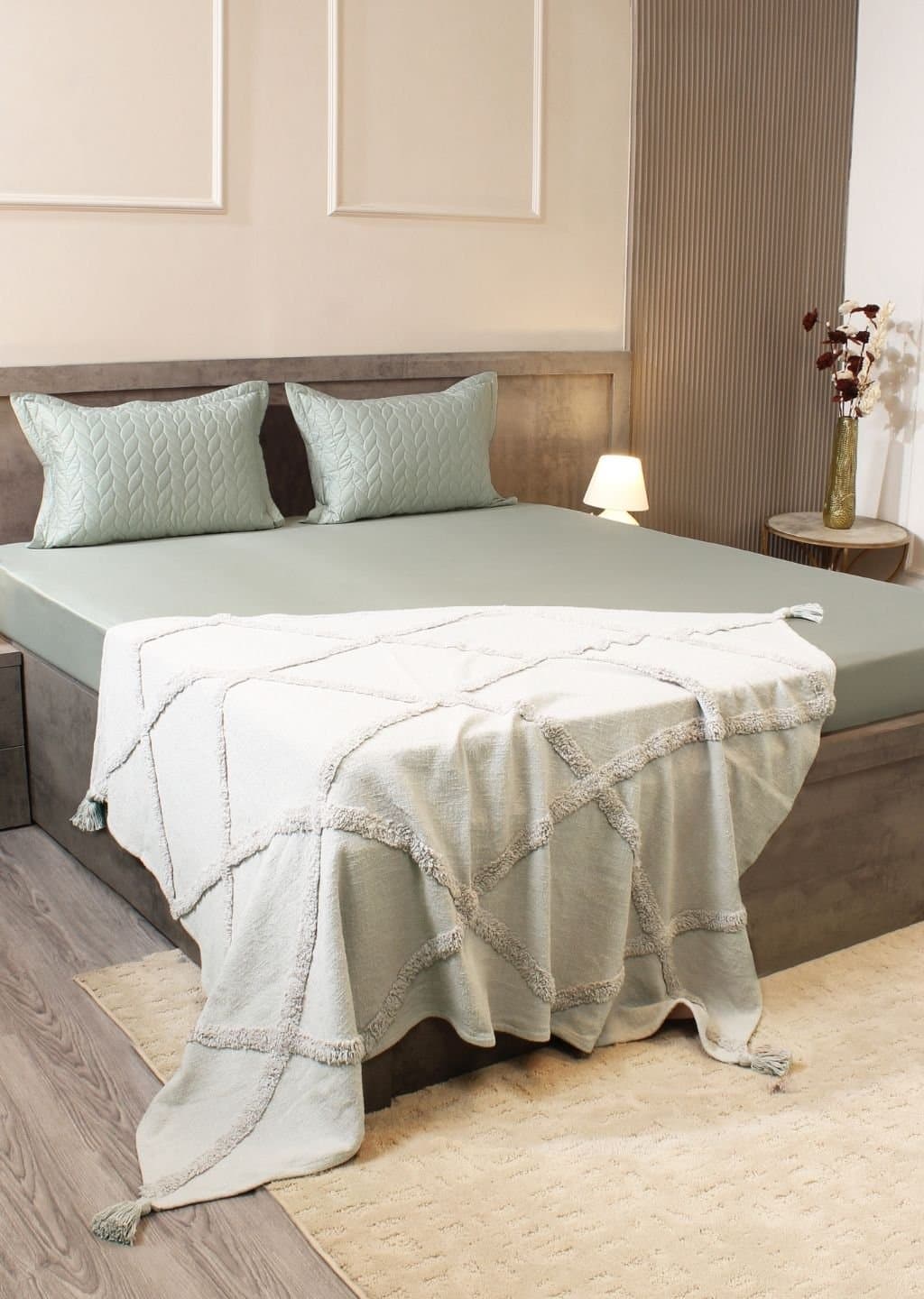 Aura-Quilt Pillow Covers Collection | 100% Cotton | Solids | 300TC | Set of 2 Quilted Pillow Covers | Mist Gree view 3