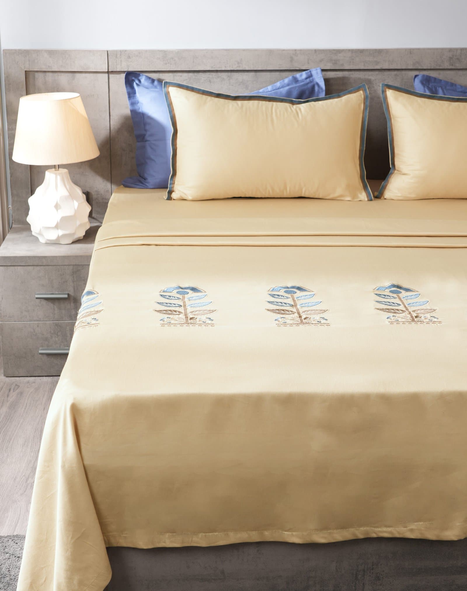 Cashmere Beige Embroidered Bedsheet Set | Neel Pushp | Designer Embroidery | 1 Bedsheet with 2 Pillow Covers | Luxury Bedroom Décor (108″x108″/274cmx274cm) view 6