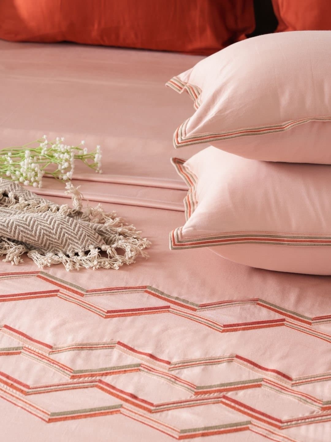 Champagne Rose Embroidered Bedsheet Set | Soft Coral Trail | Designer Embroidery | 1 Bedsheet with 2 Pillow Covers | Luxury Bedroom Décor (108″x108″/274cmx274cm) view 5