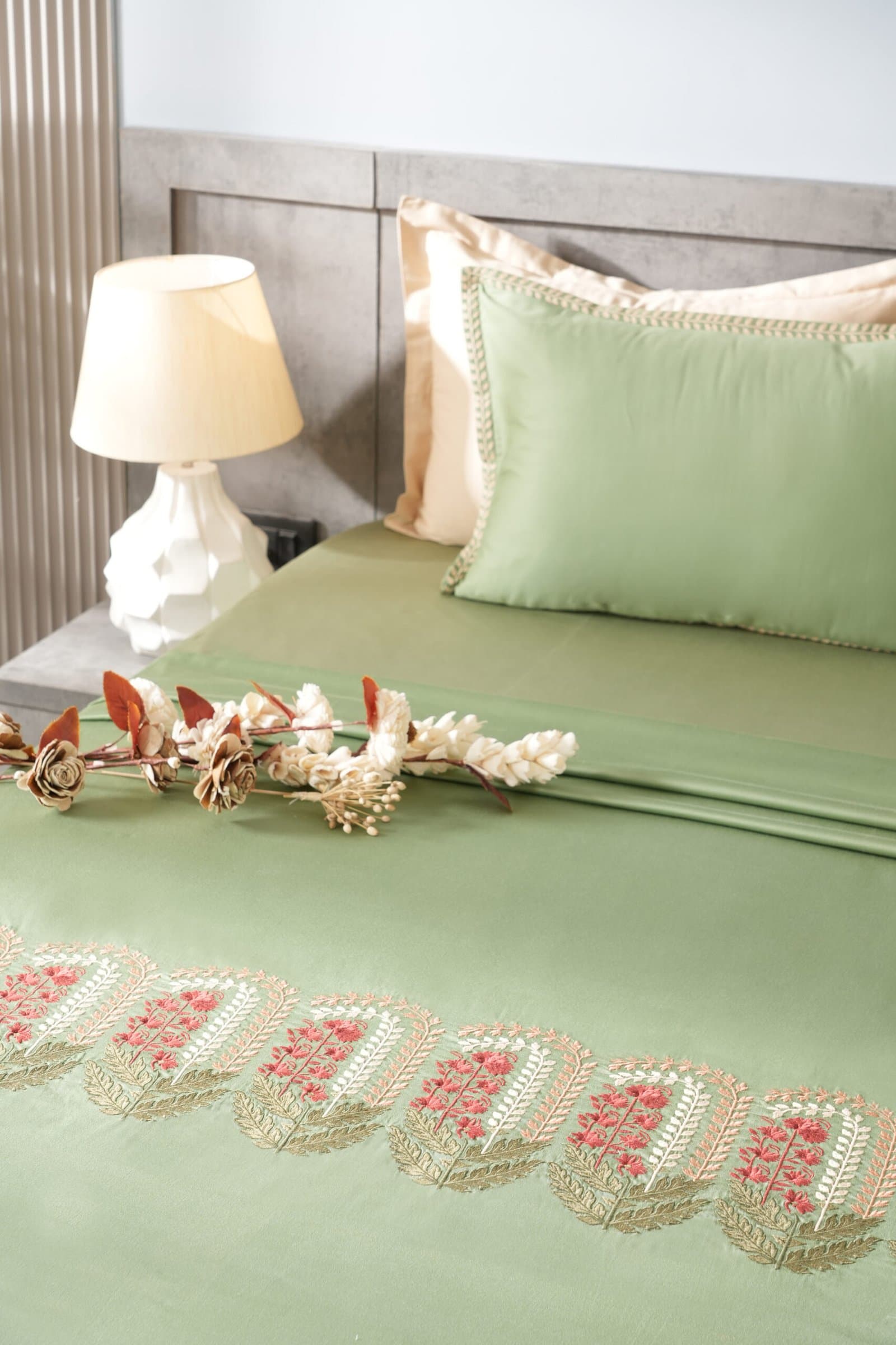 Eden Green Embroidered Bedsheet Set | Imperial Garden | Designer Embroidery | 1 Bedsheet with 2 Pillow Covers | Luxury Bedroom Décor (108″x108″/274cmx274cm) view 4