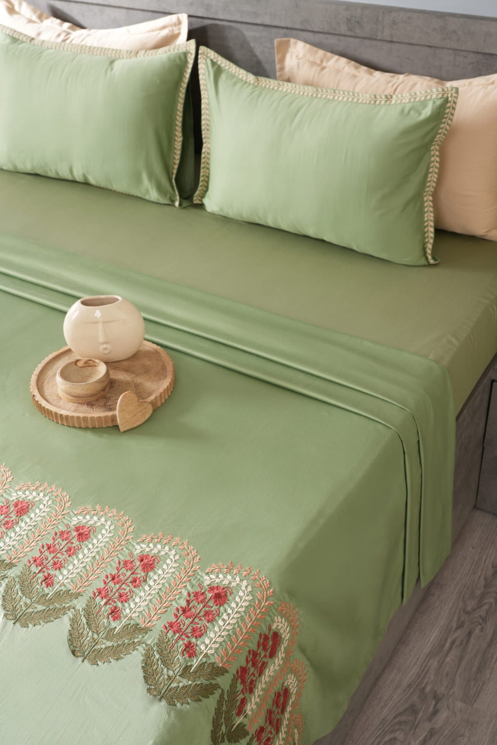 Eden Green Embroidered Bedsheet Set | Imperial Garden | Designer Embroidery | 1 Bedsheet with 2 Pillow Covers | Luxury Bedroom Décor (108″x108″/274cmx274cm) view 2