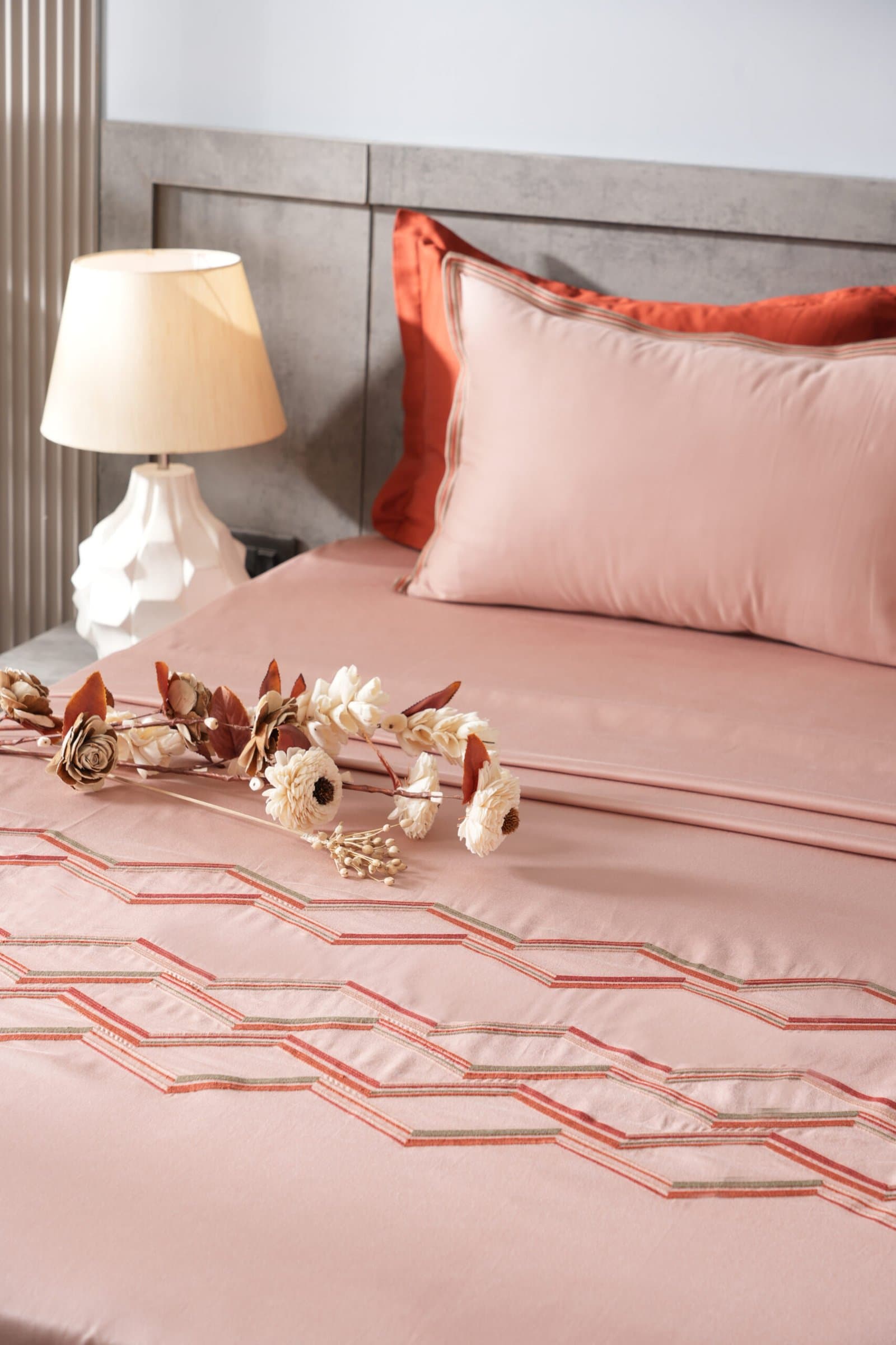 Champagne Rose Embroidered Bedsheet Set | Soft Coral Trail | Designer Embroidery | 1 Bedsheet with 2 Pillow Covers | Luxury Bedroom Décor (108″x108″/274cmx274cm) view 2