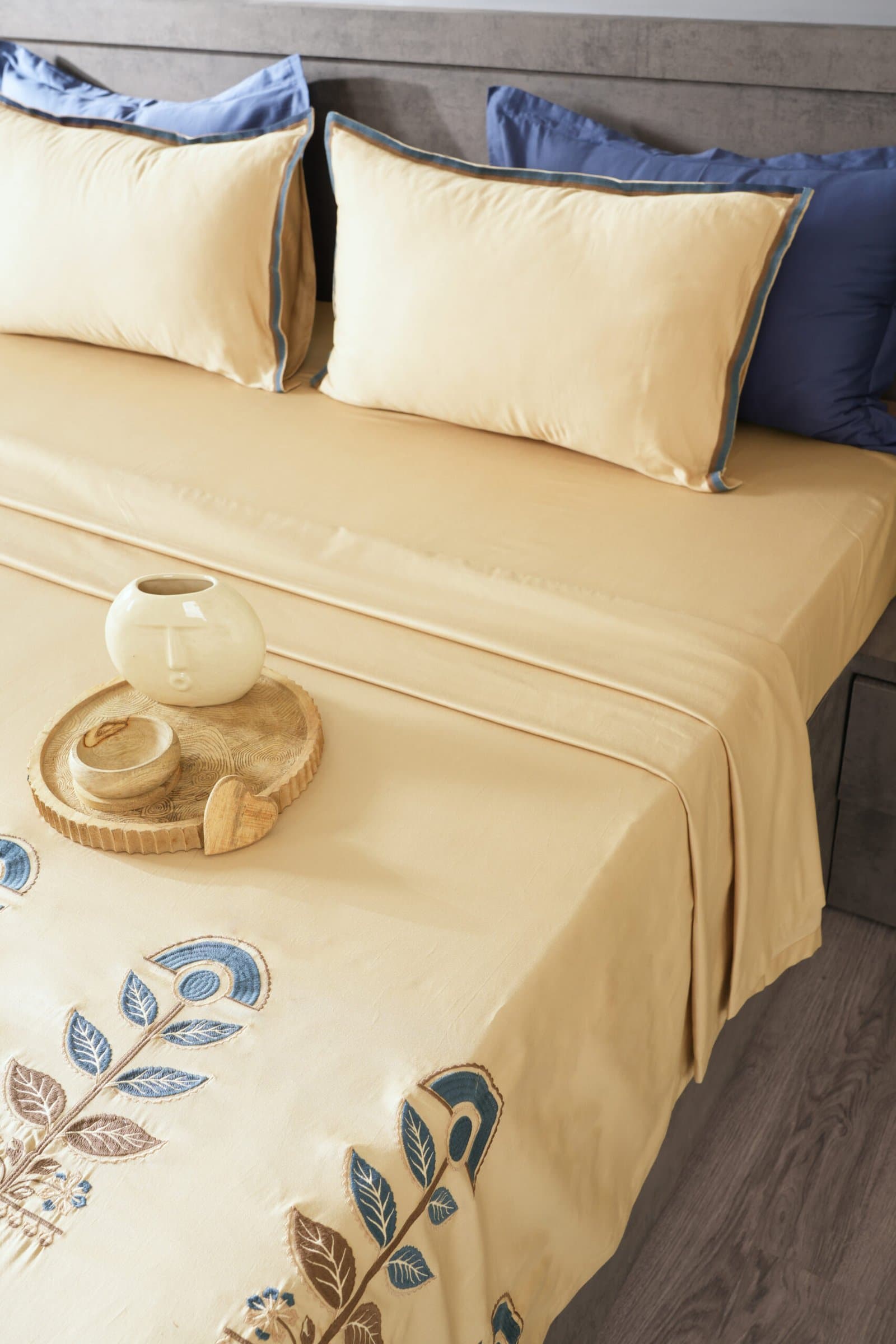 Cashmere Beige Embroidered Bedsheet Set | Neel Pushp | Designer Embroidery | 1 Bedsheet with 2 Pillow Covers | Luxury Bedroom Décor (108″x108″/274cmx274cm) view 2
