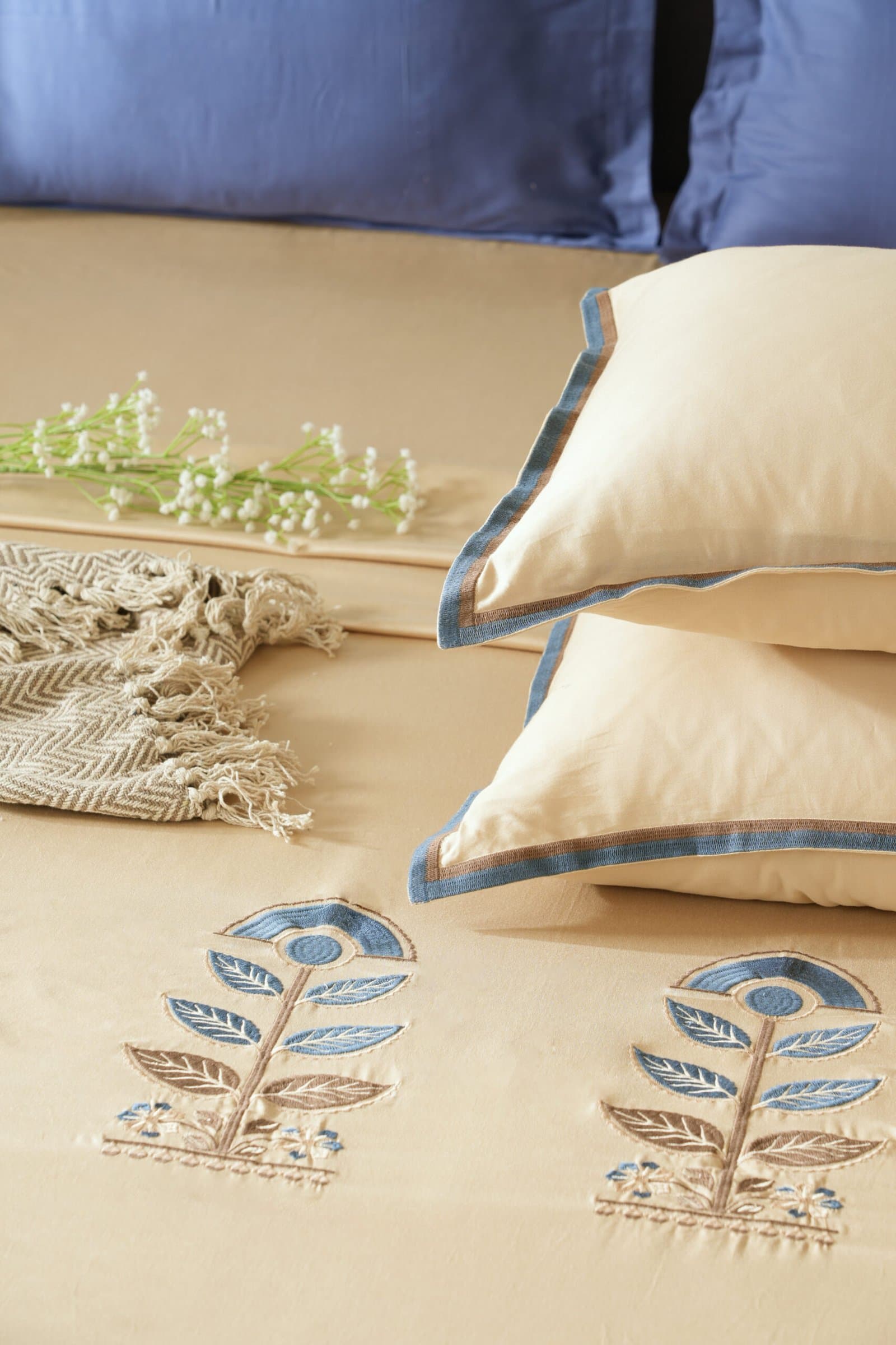 Cashmere Beige Embroidered Bedsheet Set | Neel Pushp | Designer Embroidery | 1 Bedsheet with 2 Pillow Covers | Luxury Bedroom Décor (108″x108″/274cmx274cm) view 3