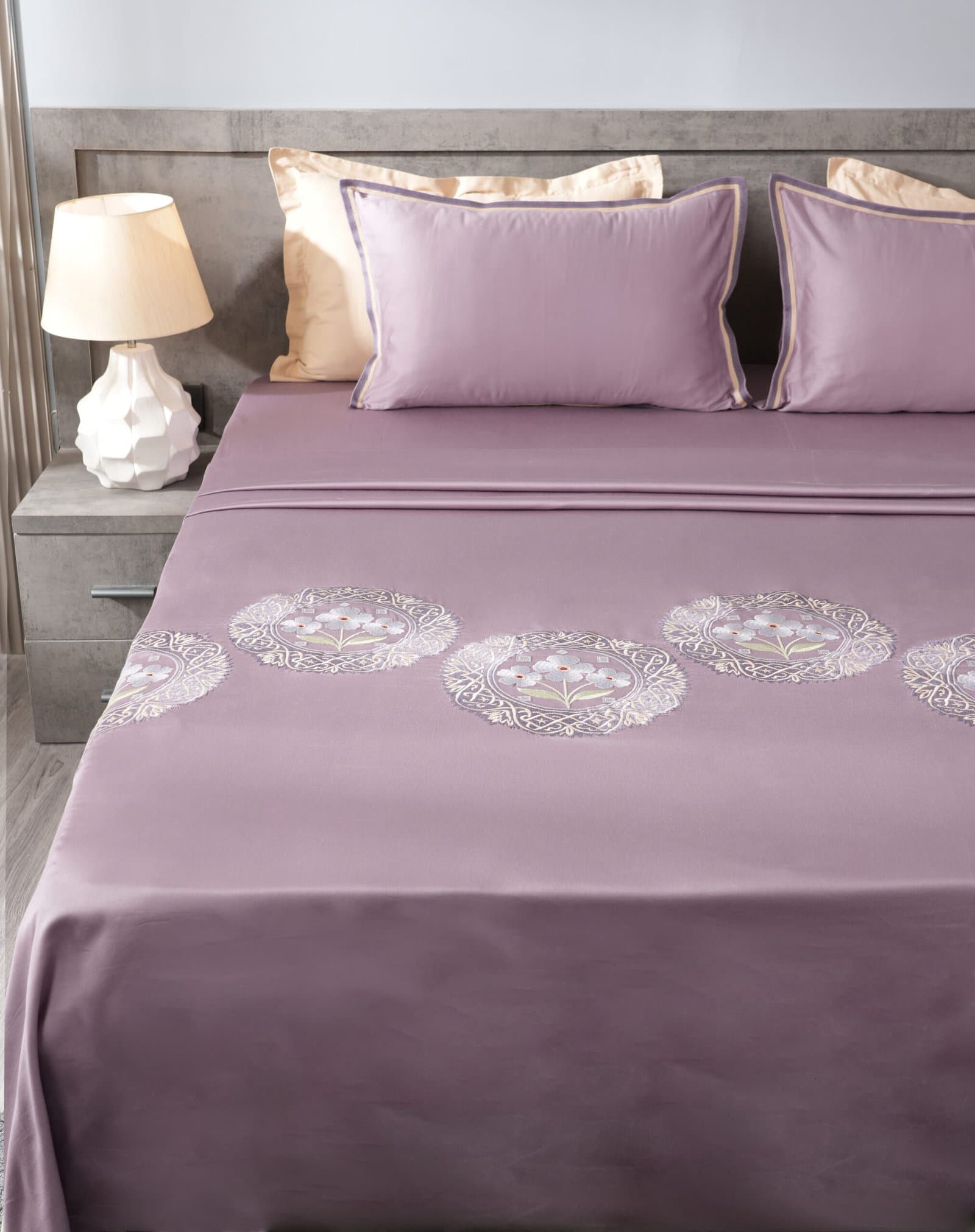 Moonflower Motif Embroidered Bedsheet Set | Smoky Lilac | Designer Embroidery | 1 Bedsheet with 2 Pillow Covers | Luxury Bedroom Décor (108″x108″/274cmx274cm) view 8