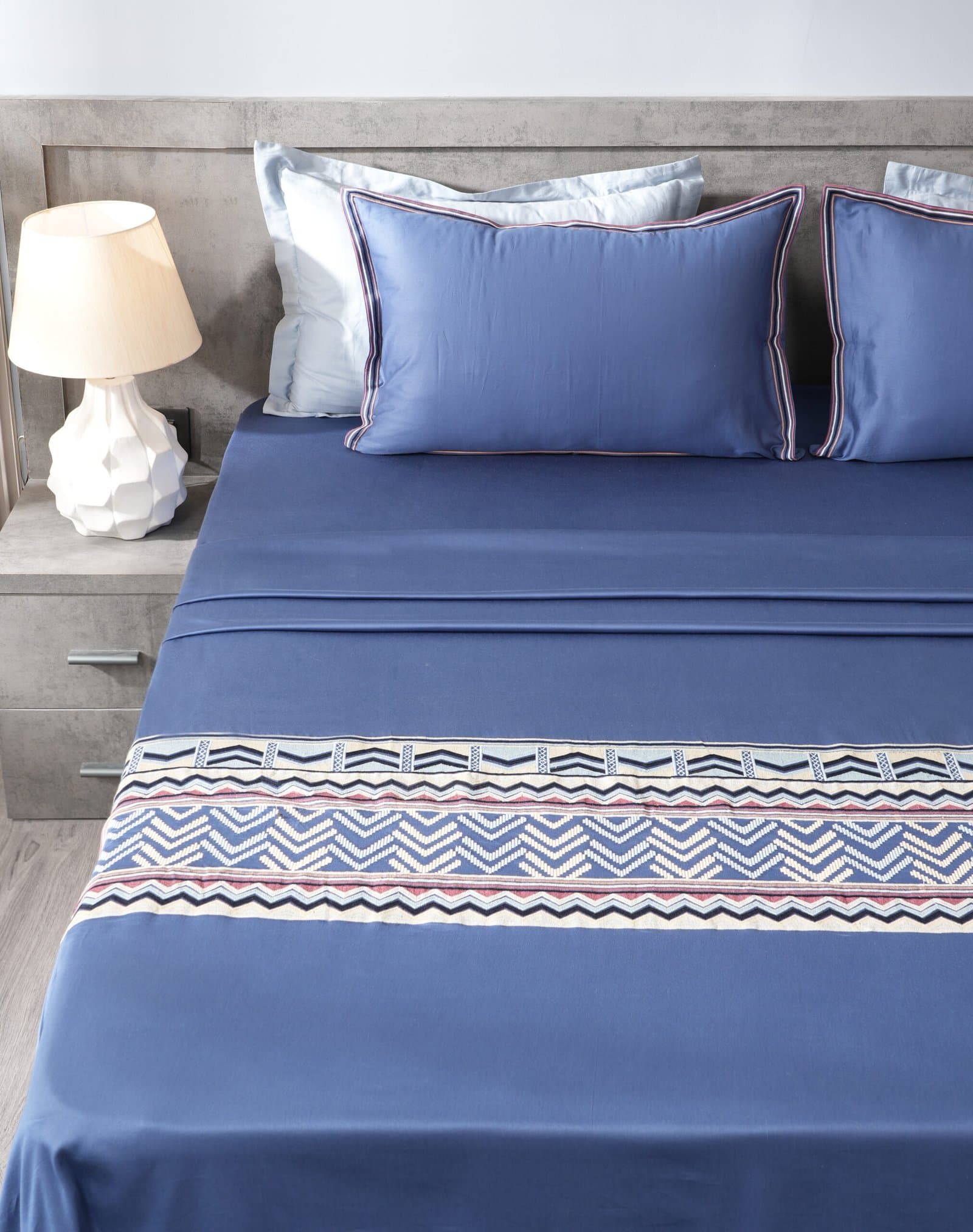 Noor-E-Neel Embroidered Bedsheet Set | Misty Denim | Designer Embroidery | 1 Bedsheet with 2 Pillow Covers | Luxury Bedroom Décor (108″x108″/274cmx274cm) view 2