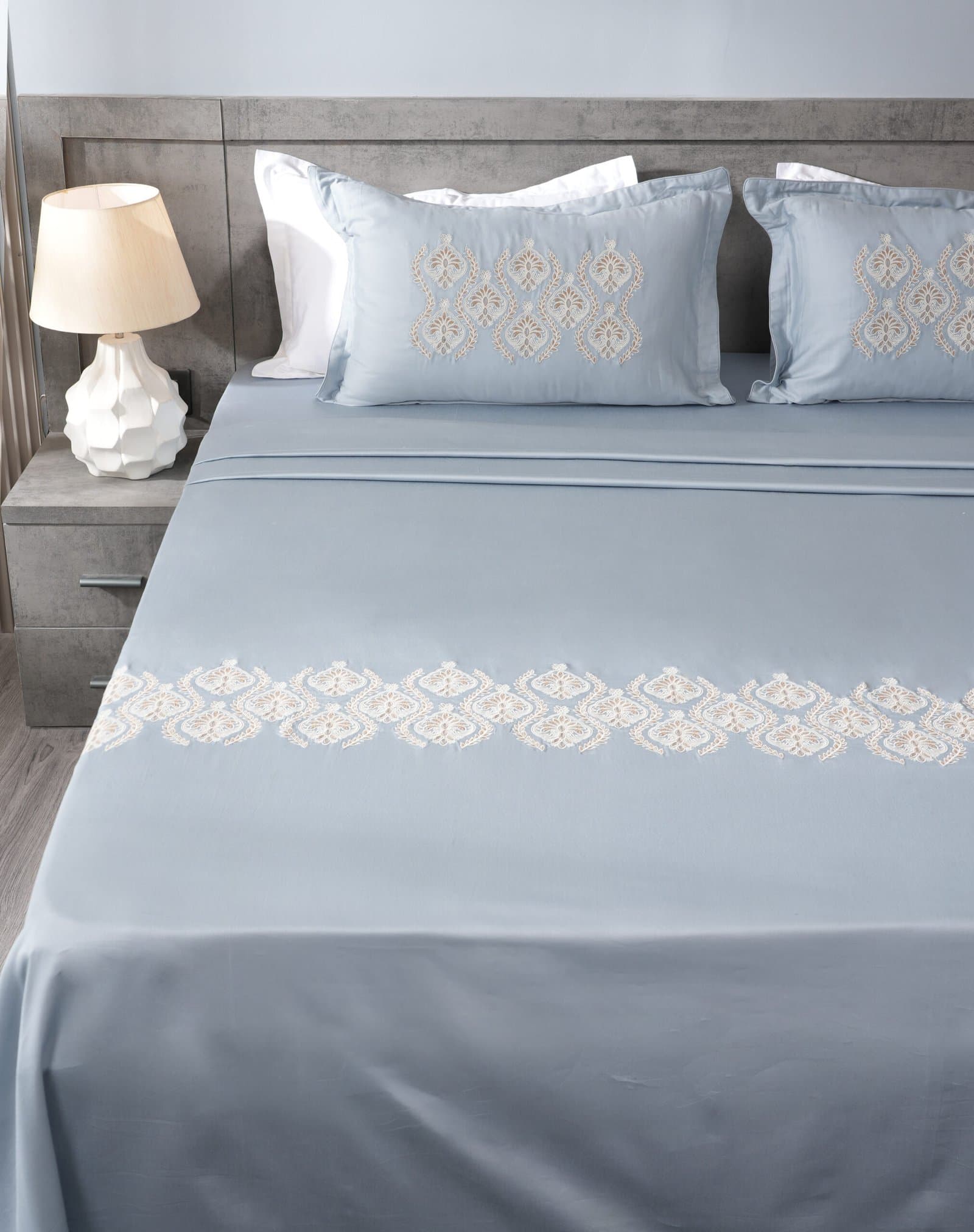 Zari Noor Buta Embroidered Bedsheet Set | Steel Blue | Designer Embroidery | 1 Bedsheet with 2 Pillow Covers | Luxury Bedroom Décor (108″x108″/274cmx274cm) (Copy) view 8