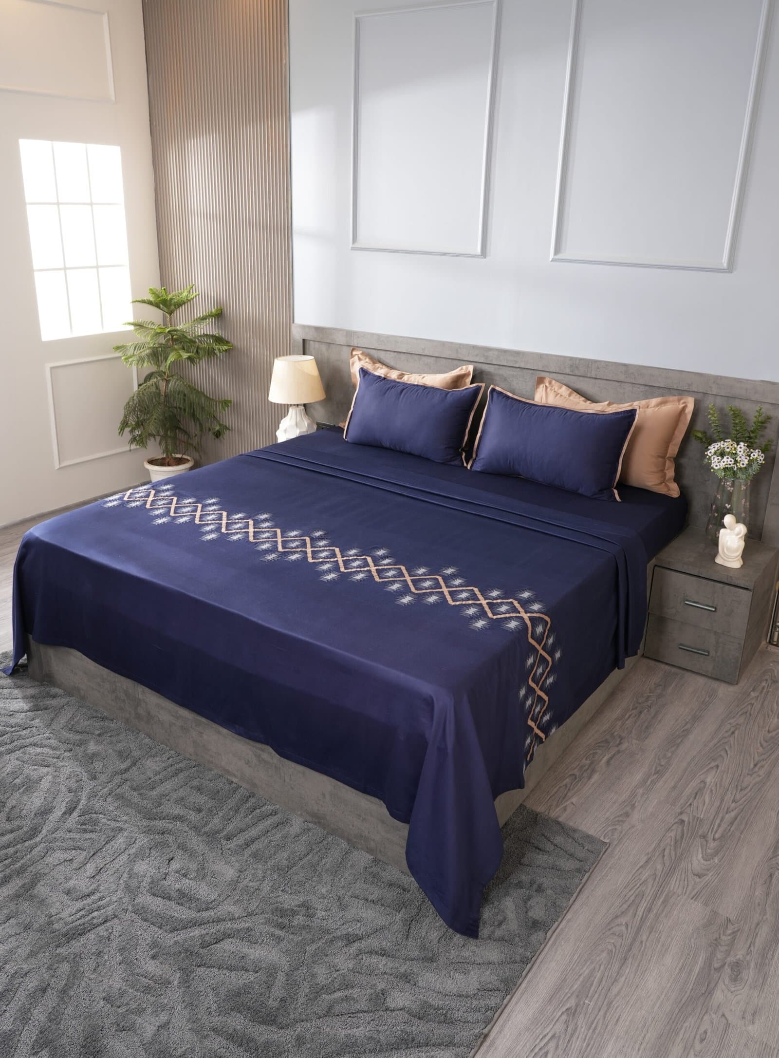 Mid-Night Weave Embroidered Bedsheet Set | Royal Navy | Designer Embroidery | 1 Bedsheet with 2 Pillow Covers | Luxury Bedroom Décor (108″x108″/274cmx274cm) view 2