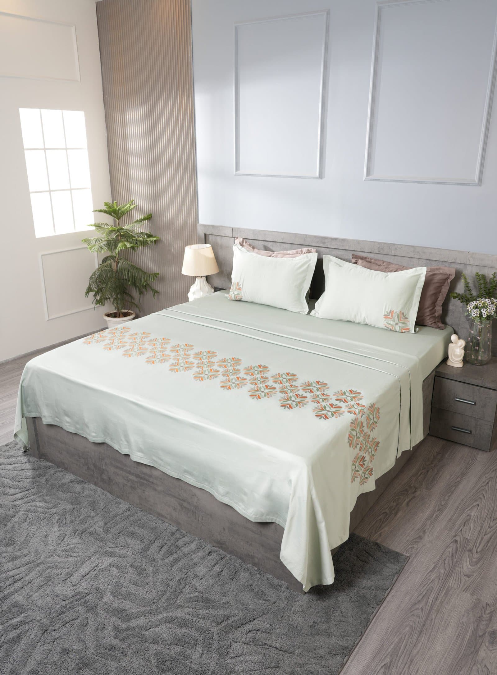 Bahoor Bloom Embroidered Bedsheet Set | Mist Green | Designer Embroidery | 1 Bedsheet with 2 Pillow Covers | Luxury Bedroom Décor (108″x108″/274cmx274cm) view 9