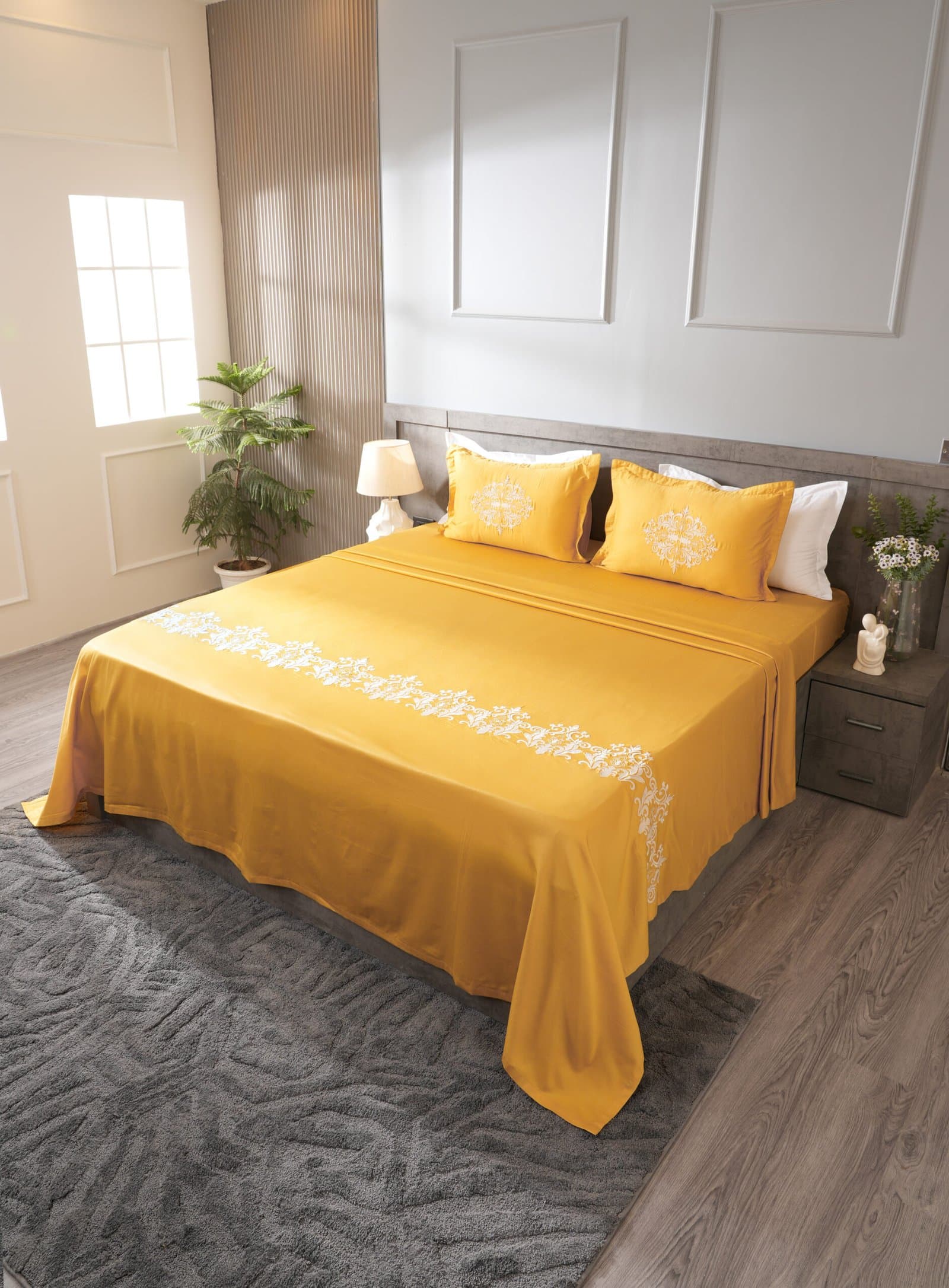 Jharokha Embroidered Bedsheet Set | Sunlit Gold | Designer Embroidery | 1 Bedsheet with 2 Pillow Covers | Luxury Bedroom Décor (108″x108″/274cmx274cm) view 8
