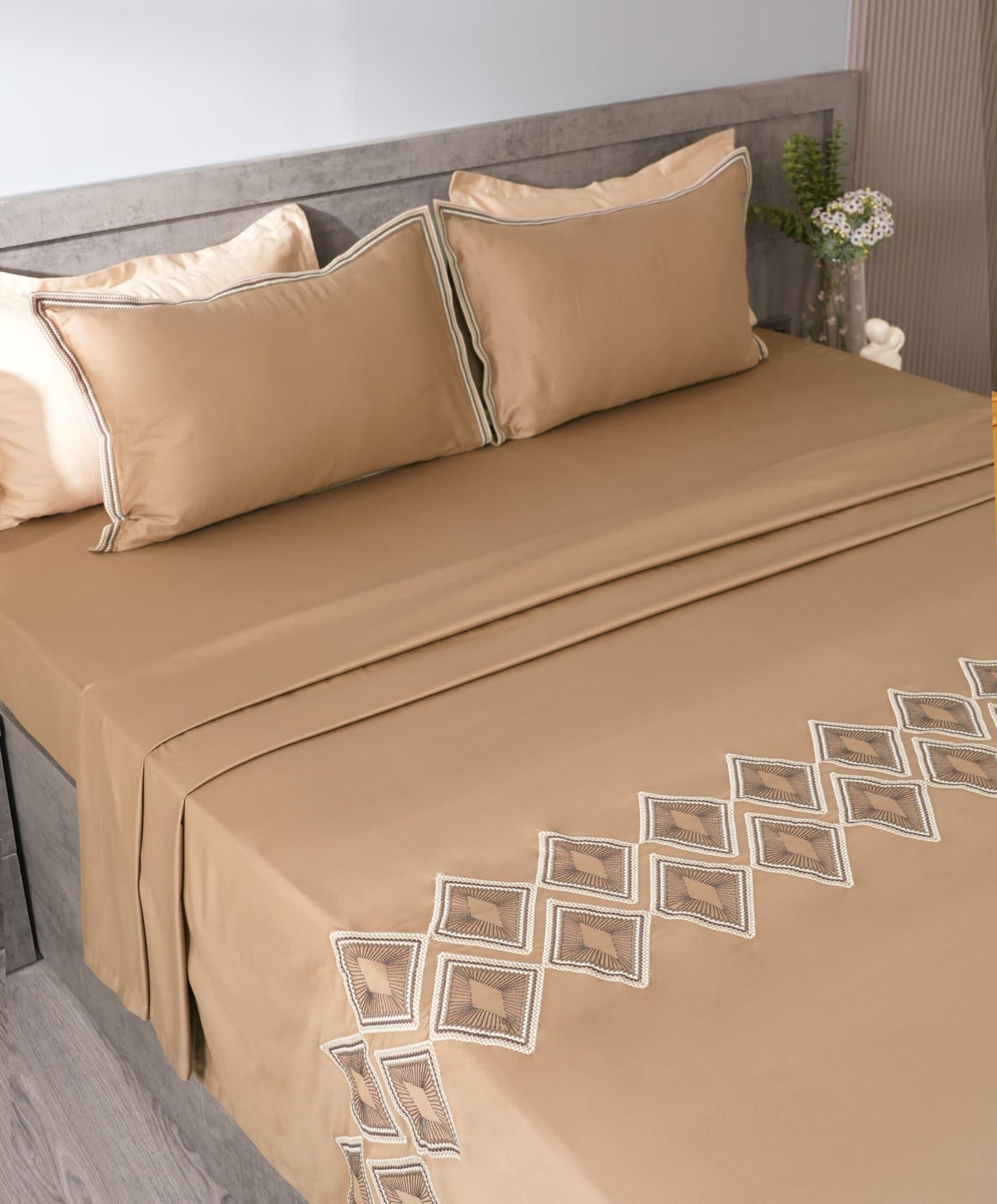Diamond Mirage Embroidered Bedsheet Set | Taupe Mist | Designer Embroidery | 1 Bedsheet with 2 Pillow Covers | Luxury Bedroom Décor (108″x108″/274cmx274cm) view 2