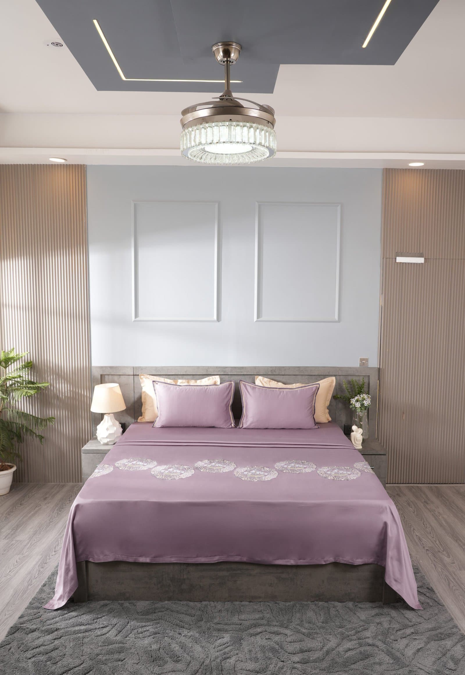 Moonflower Motif Embroidered Bedsheet Set | Smoky Lilac | Designer Embroidery | 1 Bedsheet with 2 Pillow Covers | Luxury Bedroom Décor (108″x108″/274cmx274cm) view 2