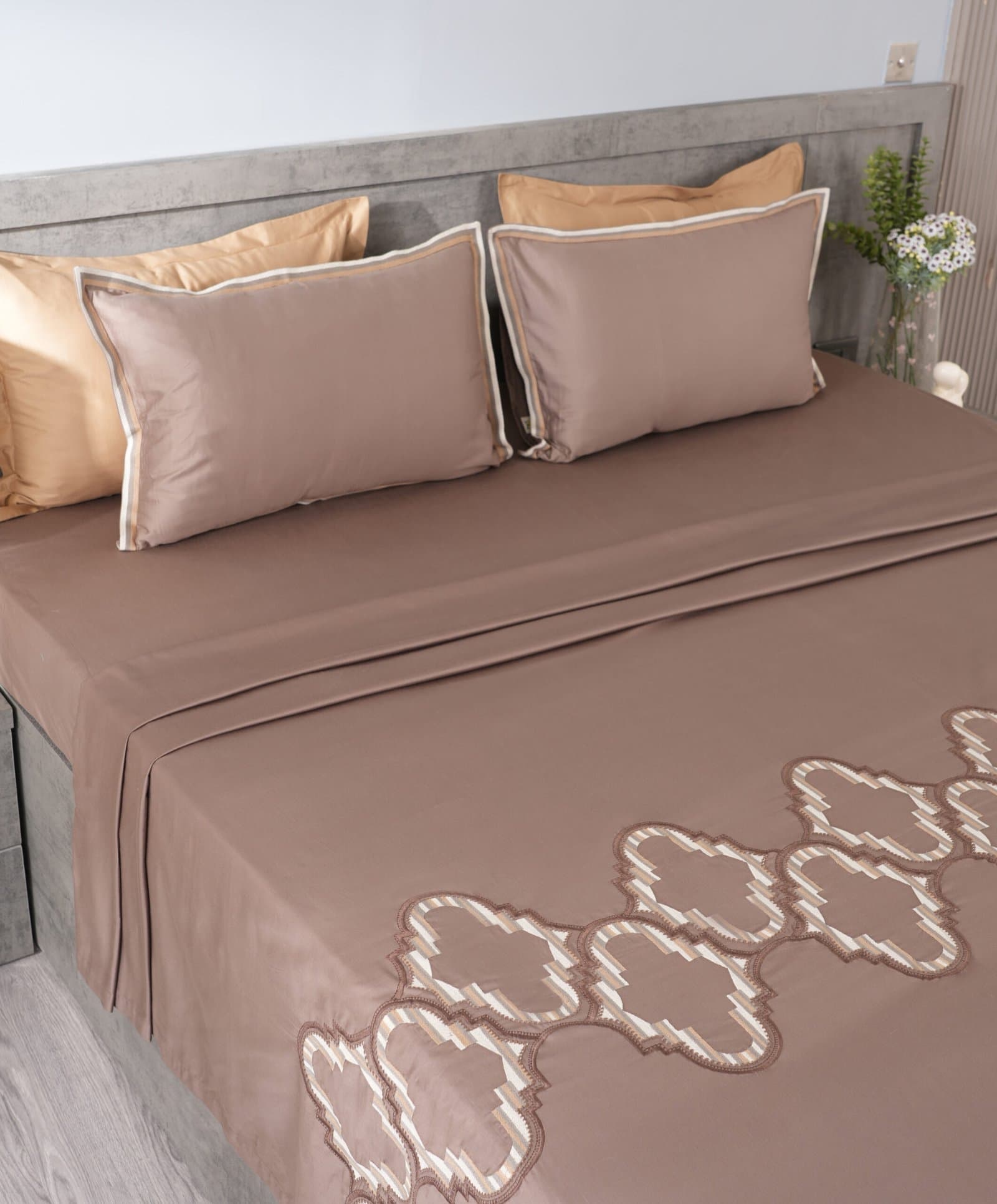 Imperial Geometry Embroidered Bedsheet Set | Warm Cocoa | Designer Embroidery | 1 Bedsheet with 2 Pillow Covers | Luxury Bedroom Décor (108″x108″/274cmx274cm) view 2