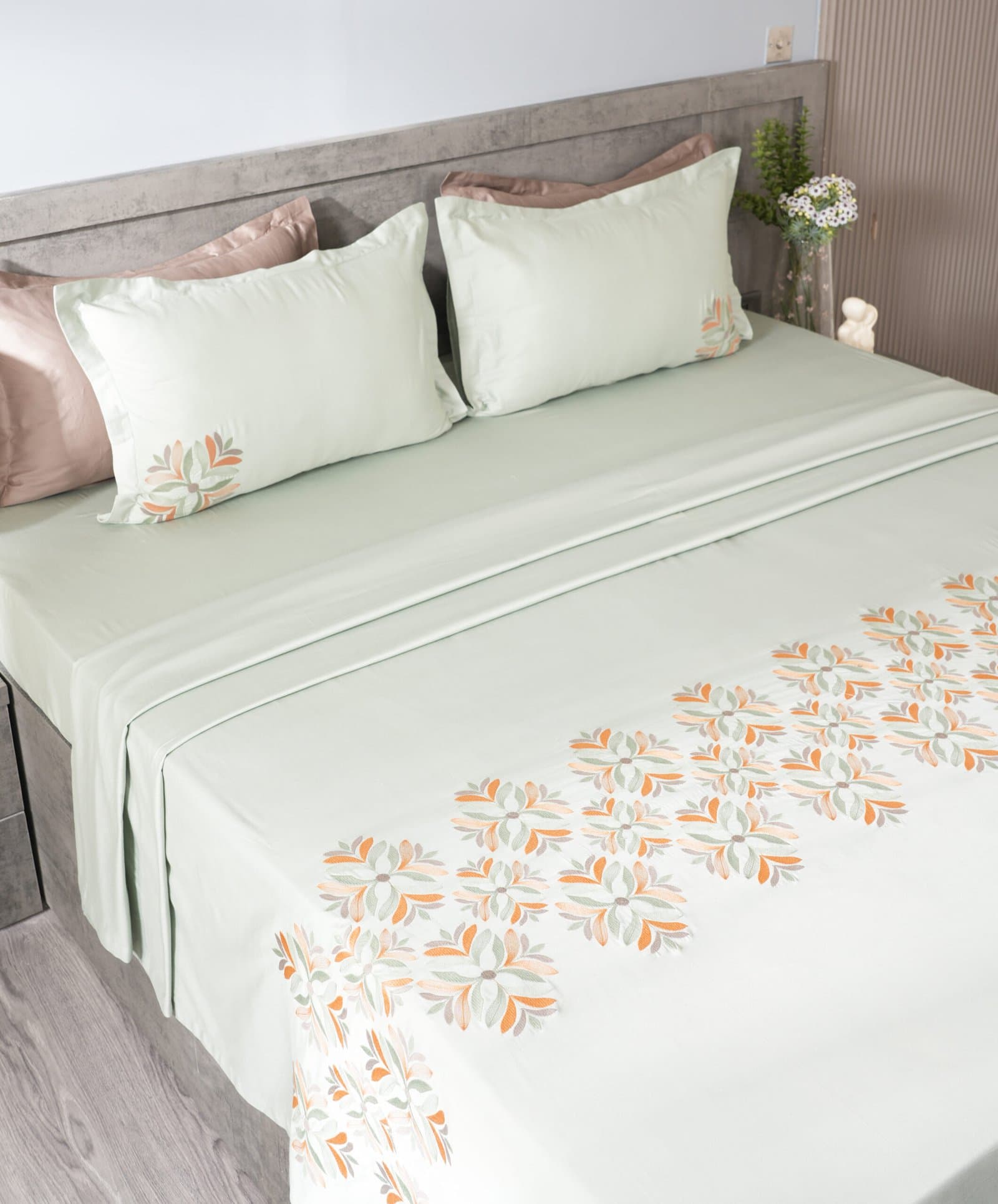 Bahoor Bloom Embroidered Bedsheet Set | Mist Green | Designer Embroidery | 1 Bedsheet with 2 Pillow Covers | Luxury Bedroom Décor (108″x108″/274cmx274cm) view 3