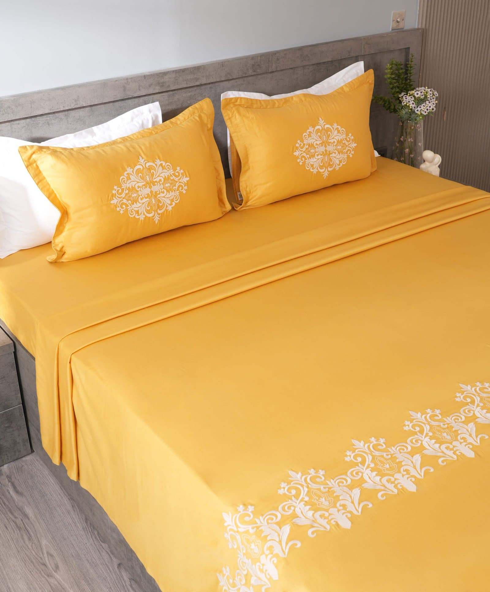 Jharokha Embroidered Bedsheet Set | Sunlit Gold | Designer Embroidery | 1 Bedsheet with 2 Pillow Covers | Luxury Bedroom Décor (108″x108″/274cmx274cm) view 7