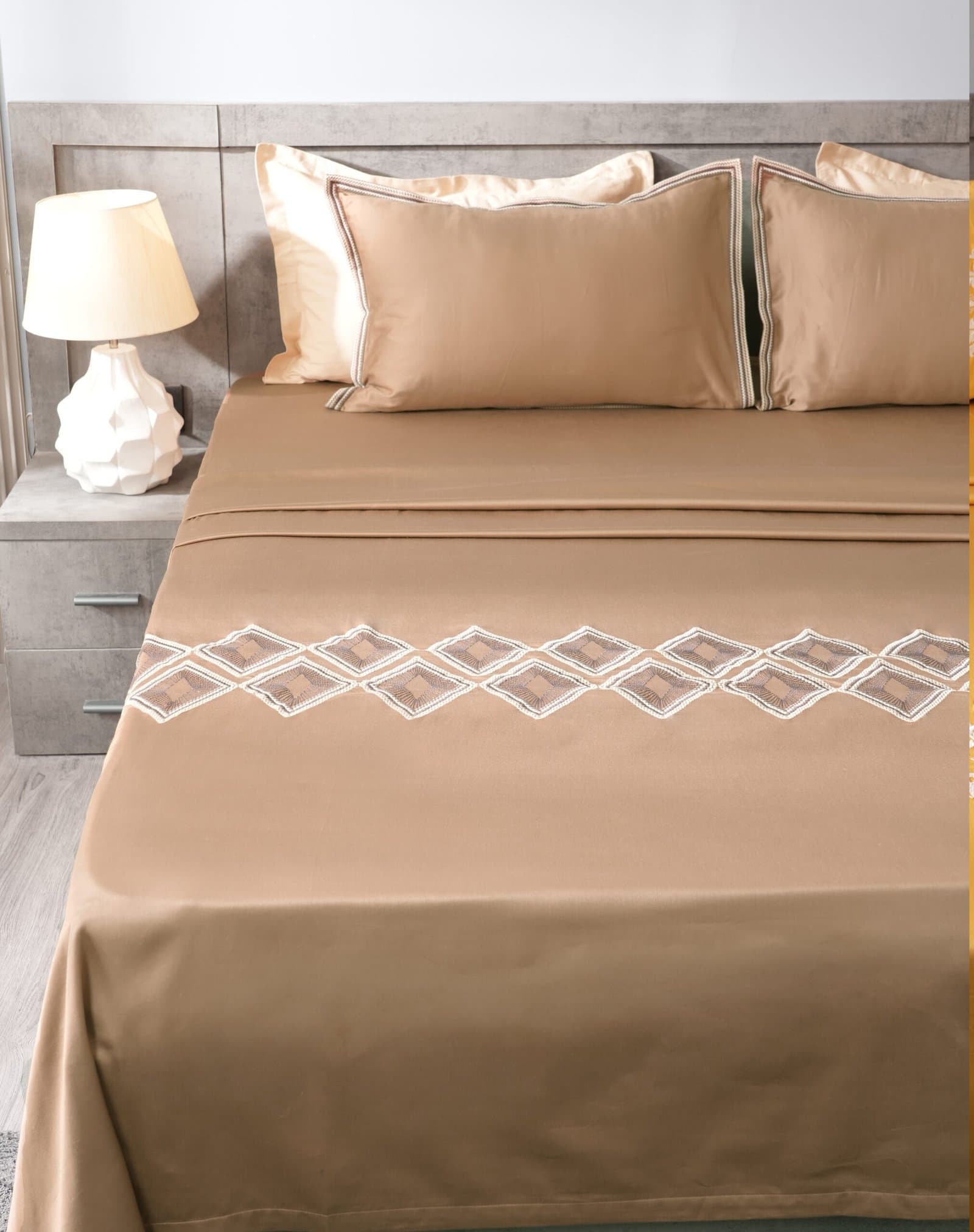 Diamond Mirage Embroidered Bedsheet Set | Taupe Mist | Designer Embroidery | 1 Bedsheet with 2 Pillow Covers | Luxury Bedroom Décor (108″x108″/274cmx274cm) view 3