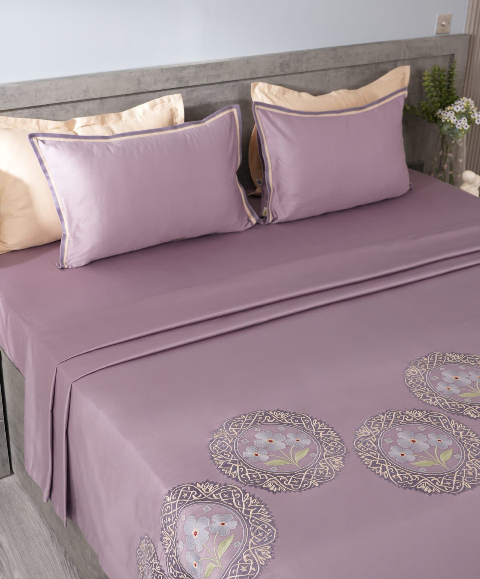 Moonflower Motif Embroidered Bedsheet Set | Smoky Lilac | Designer Embroidery | 1 Bedsheet with 2 Pillow Covers | Luxury Bedroom Décor (108″x108″/274cmx274cm) view 3