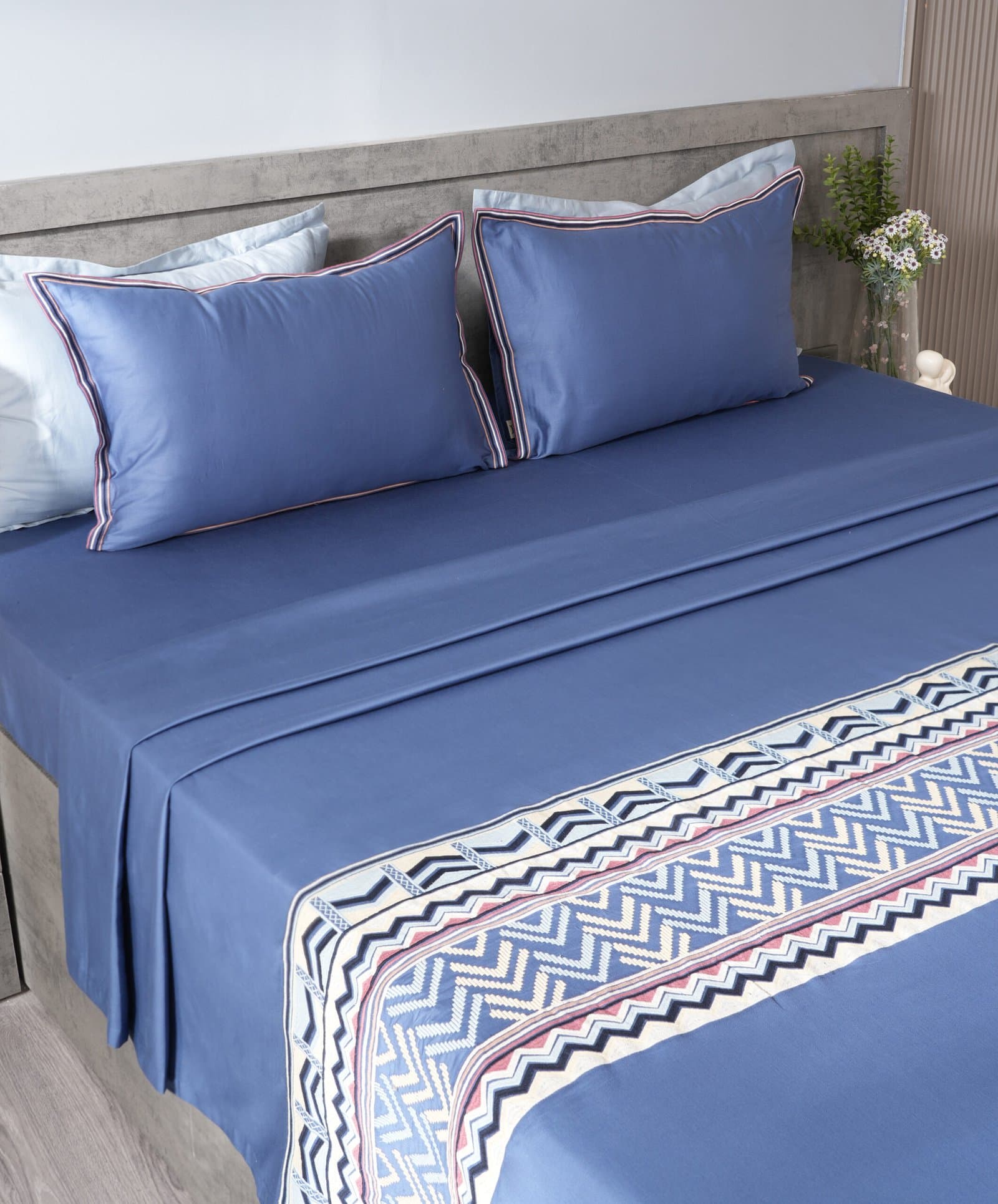 Noor-E-Neel Embroidered Bedsheet Set | Misty Denim | Designer Embroidery | 1 Bedsheet with 2 Pillow Covers | Luxury Bedroom Décor (108″x108″/274cmx274cm) view 3