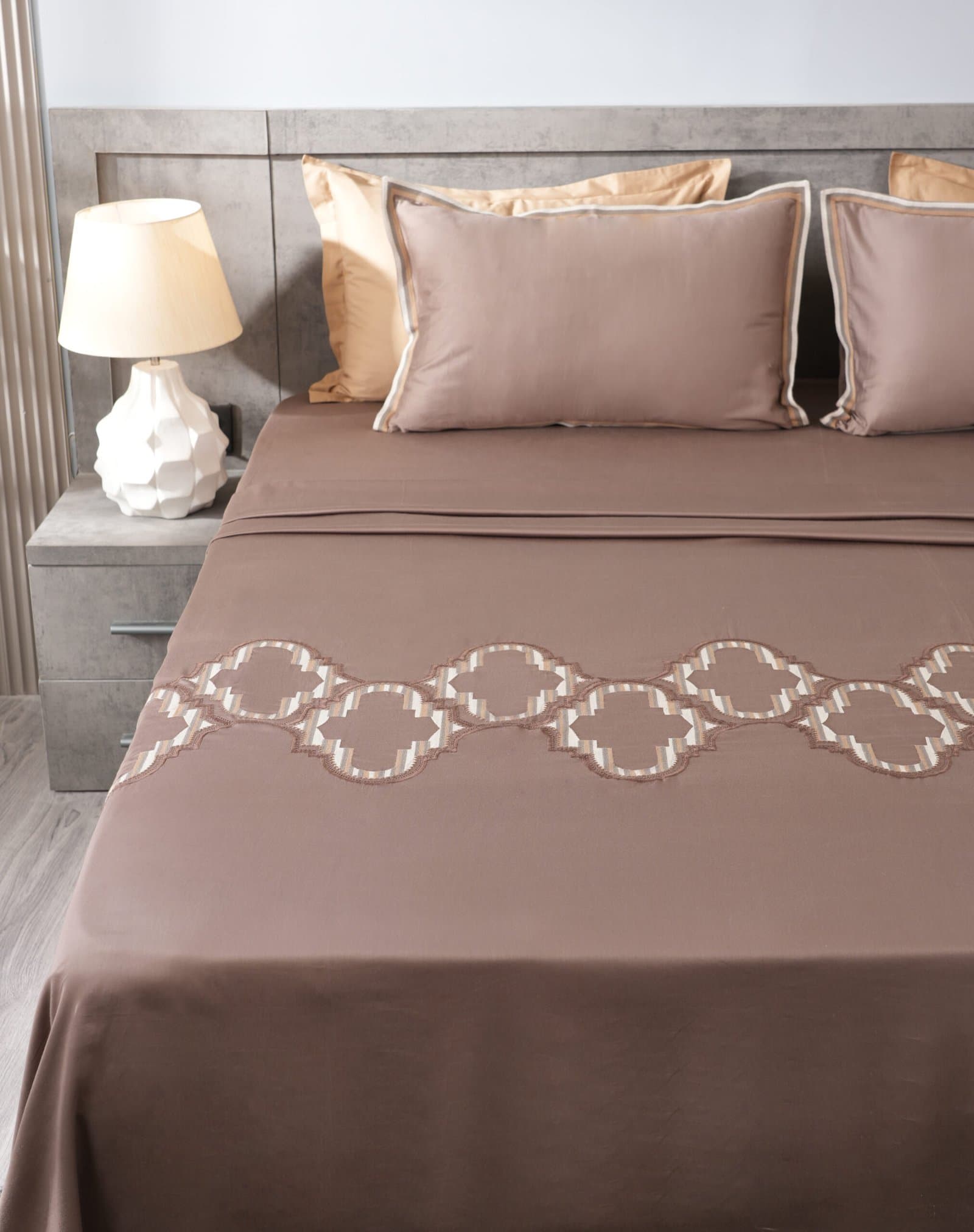 Imperial Geometry Embroidered Bedsheet Set | Warm Cocoa | Designer Embroidery | 1 Bedsheet with 2 Pillow Covers | Luxury Bedroom Décor (108″x108″/274cmx274cm) view 3