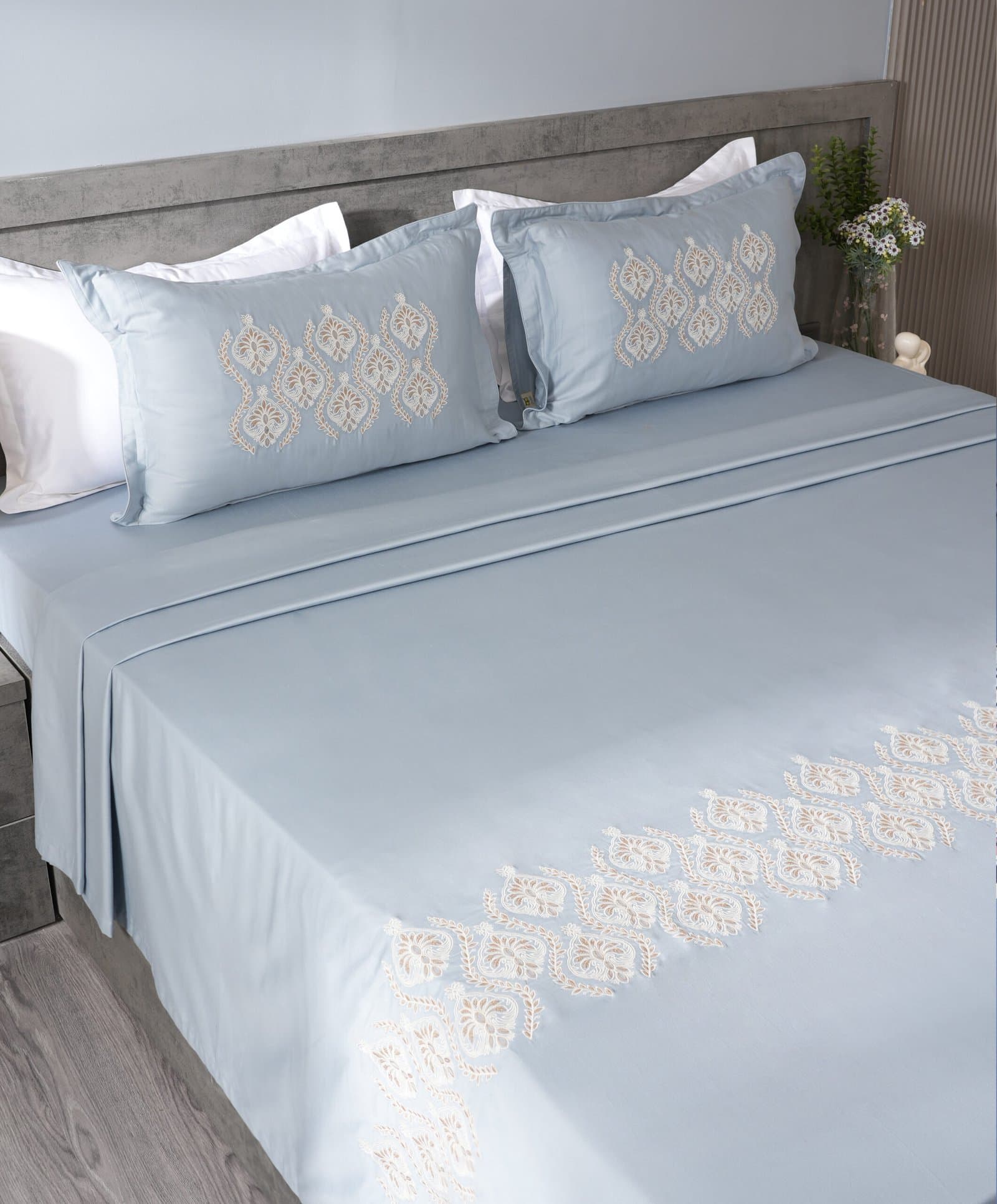 Zari Noor Buta Embroidered Bedsheet Set | Steel Blue | Designer Embroidery | 1 Bedsheet with 2 Pillow Covers | Luxury Bedroom Décor (108″x108″/274cmx274cm) (Copy) view 3