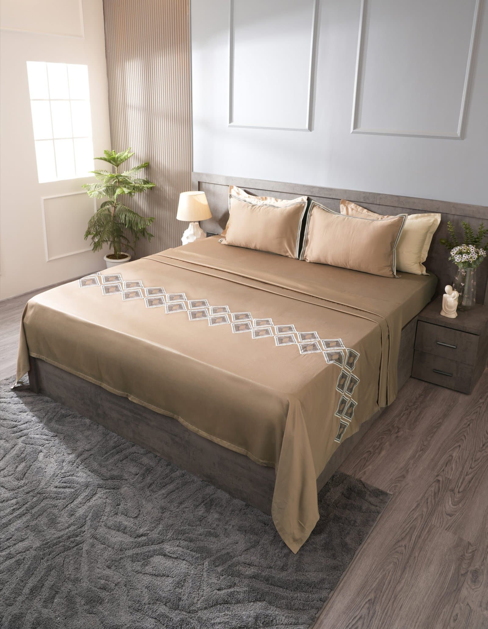 Diamond Mirage Embroidered Bedsheet Set | Taupe Mist | Designer Embroidery | 1 Bedsheet with 2 Pillow Covers | Luxury Bedroom Décor (108″x108″/274cmx274cm) view 4