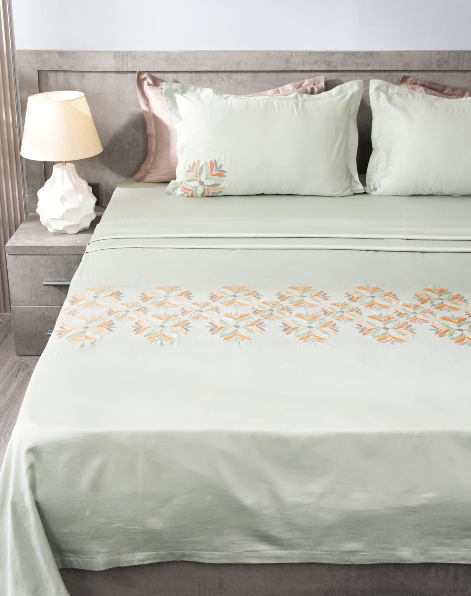Bahoor Bloom Embroidered Bedsheet Set | Mist Green | Designer Embroidery | 1 Bedsheet with 2 Pillow Covers | Luxury Bedroom Décor (108″x108″/274cmx274cm) view 4