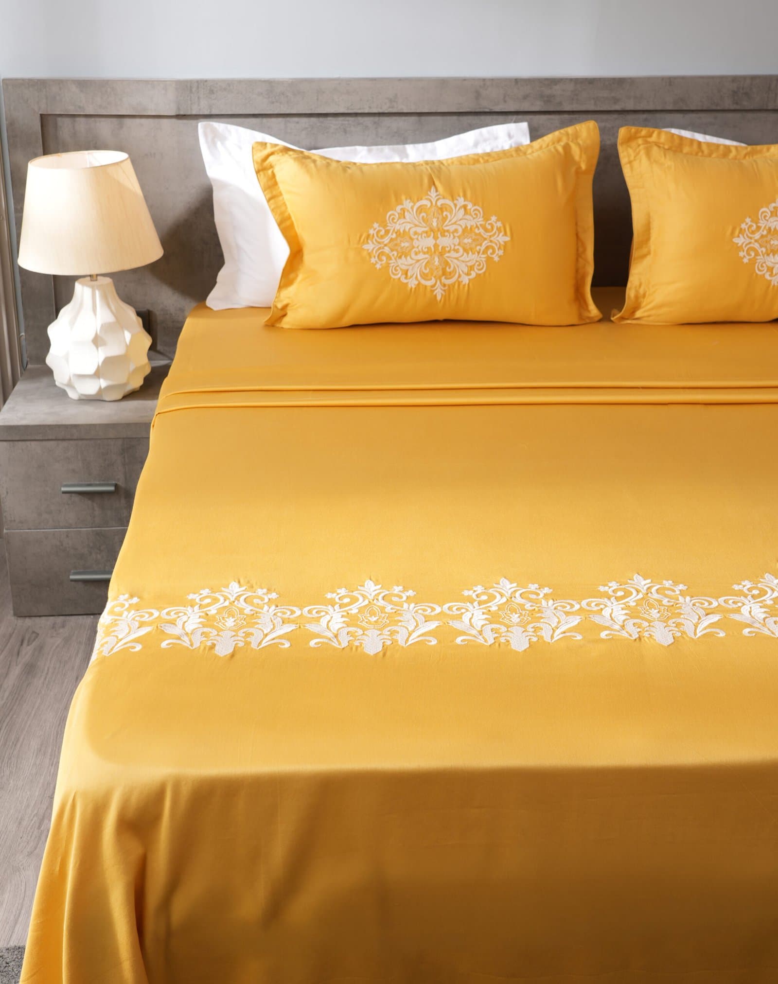 Jharokha Embroidered Bedsheet Set | Sunlit Gold | Designer Embroidery | 1 Bedsheet with 2 Pillow Covers | Luxury Bedroom Décor (108″x108″/274cmx274cm) view 6