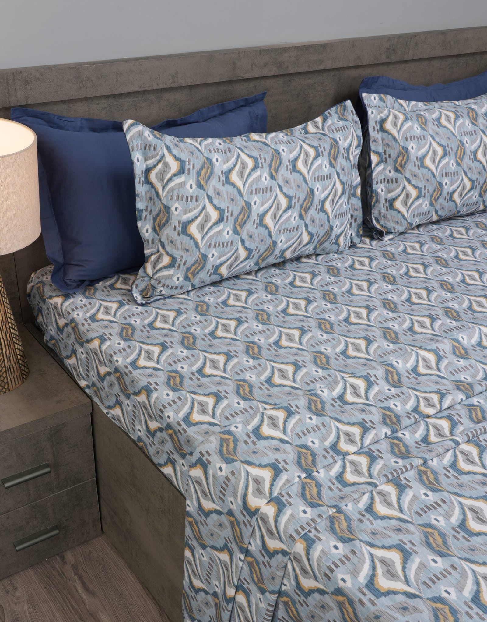 Sleeping Owls- Because Your Sleep Matters (In-House) Weavio Collection | 100% Cotton | Contemporary Ikat Pattern (108″x108″/274cmx274cm) | 210TC Superking Size Bedsheet with 2 Piping Pillow Covers