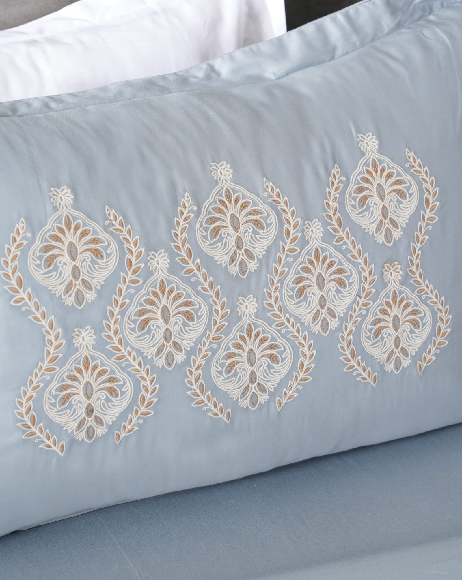 Zari Noor Buta Embroidered Bedsheet Set | Steel Blue | Designer Embroidery | 1 Bedsheet with 2 Pillow Covers | Luxury Bedroom Décor (108″x108″/274cmx274cm) (Copy) view 4