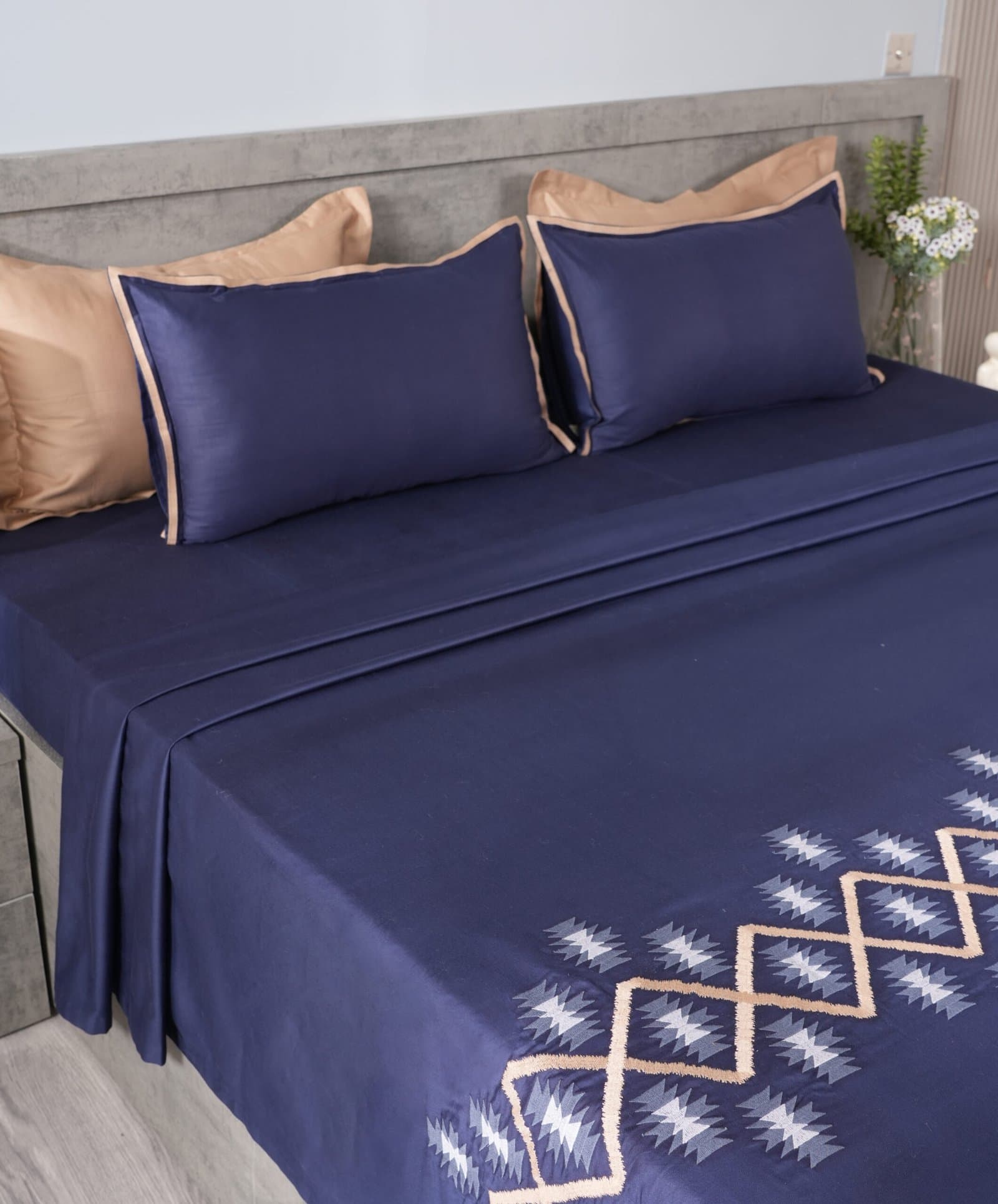 Mid-Night Weave Embroidered Bedsheet Set | Royal Navy | Designer Embroidery | 1 Bedsheet with 2 Pillow Covers | Luxury Bedroom Décor (108″x108″/274cmx274cm) view 5