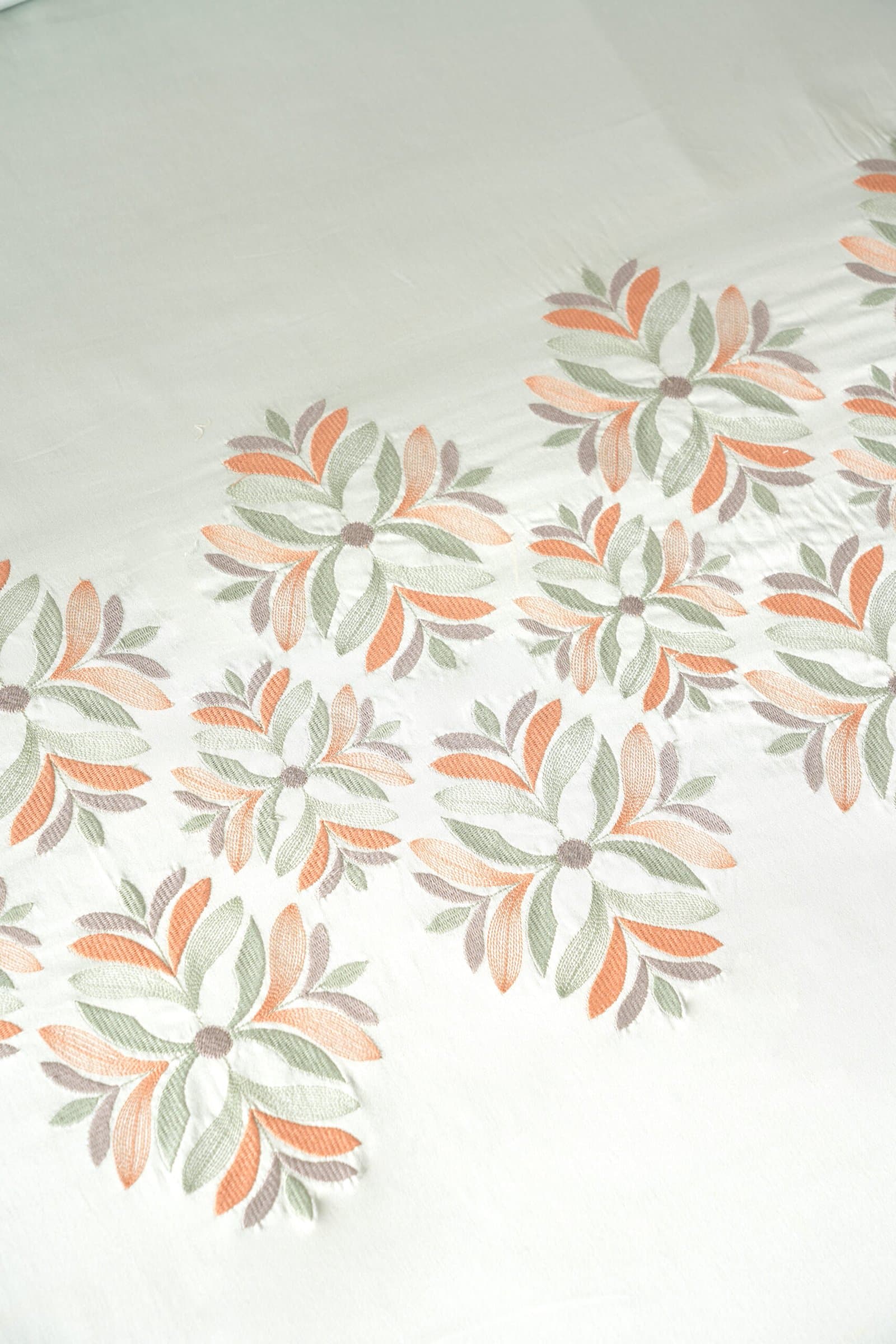 Bahoor Bloom Embroidered Bedsheet Set | Mist Green | Designer Embroidery | 1 Bedsheet with 2 Pillow Covers | Luxury Bedroom Décor (108″x108″/274cmx274cm) view 5