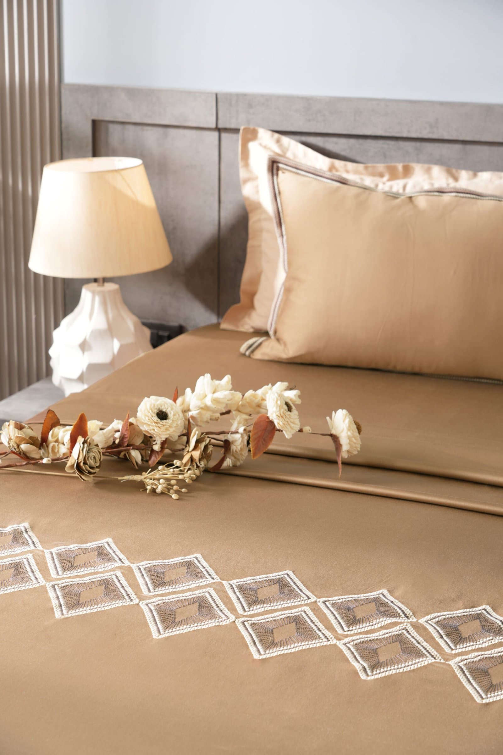 Diamond Mirage Embroidered Bedsheet Set | Taupe Mist | Designer Embroidery | 1 Bedsheet with 2 Pillow Covers | Luxury Bedroom Décor (108″x108″/274cmx274cm)