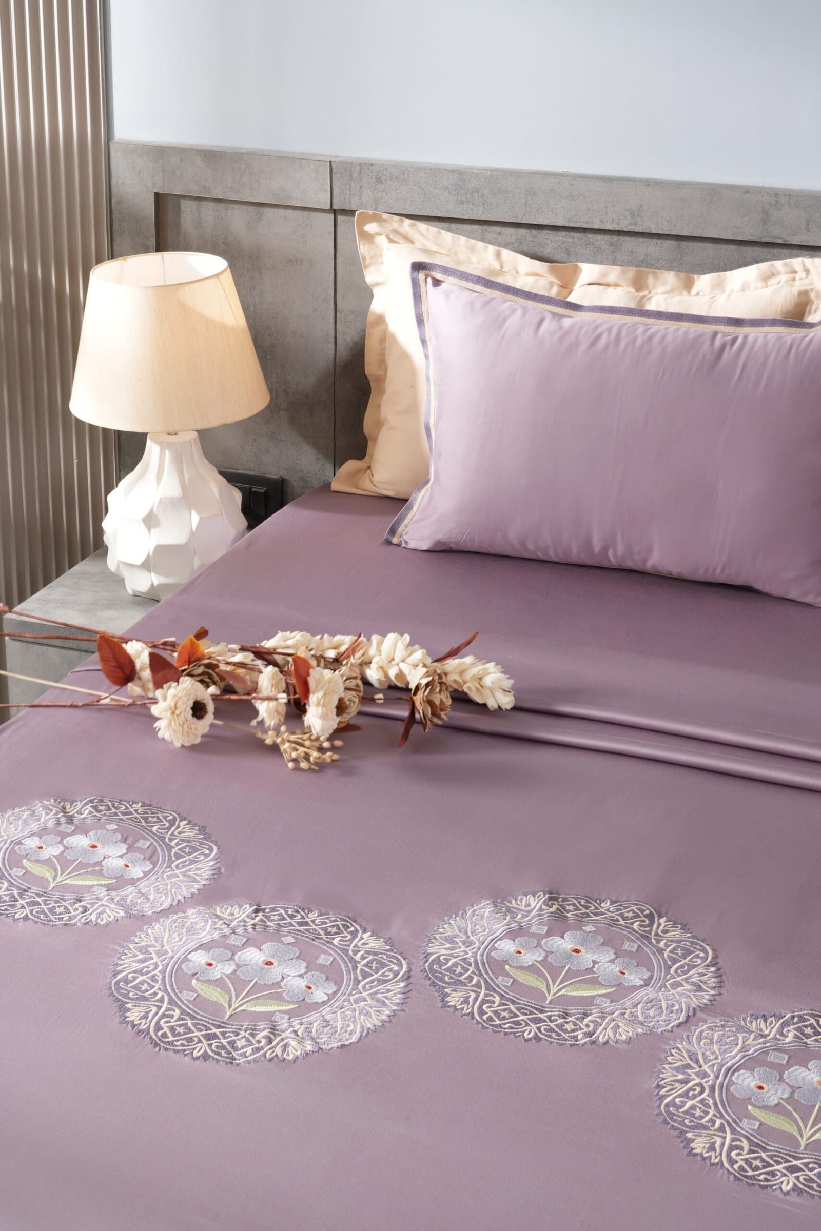 Moonflower Motif Embroidered Bedsheet Set | Smoky Lilac | Designer Embroidery | 1 Bedsheet with 2 Pillow Covers | Luxury Bedroom Décor (108″x108″/274cmx274cm)