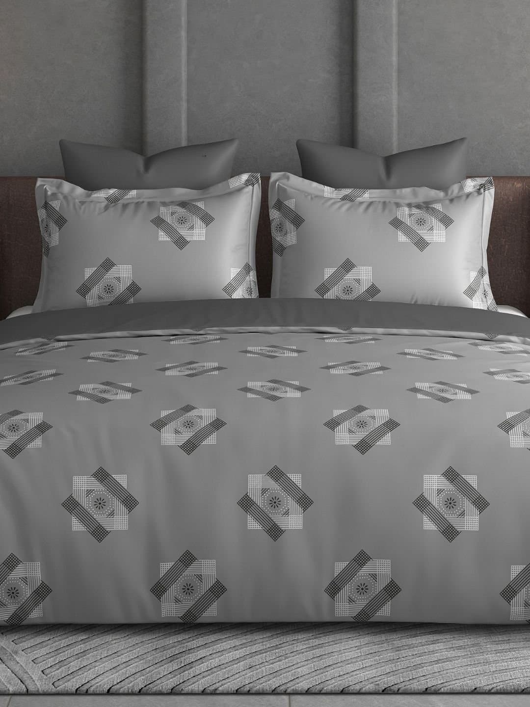 Leaf-Tale Collection | 100% Cotton | Geometric Print (108″x108″/274cmx274cm) | 600TC Superking Size Bedsheet with 2 Pillow Covers (Embroided)