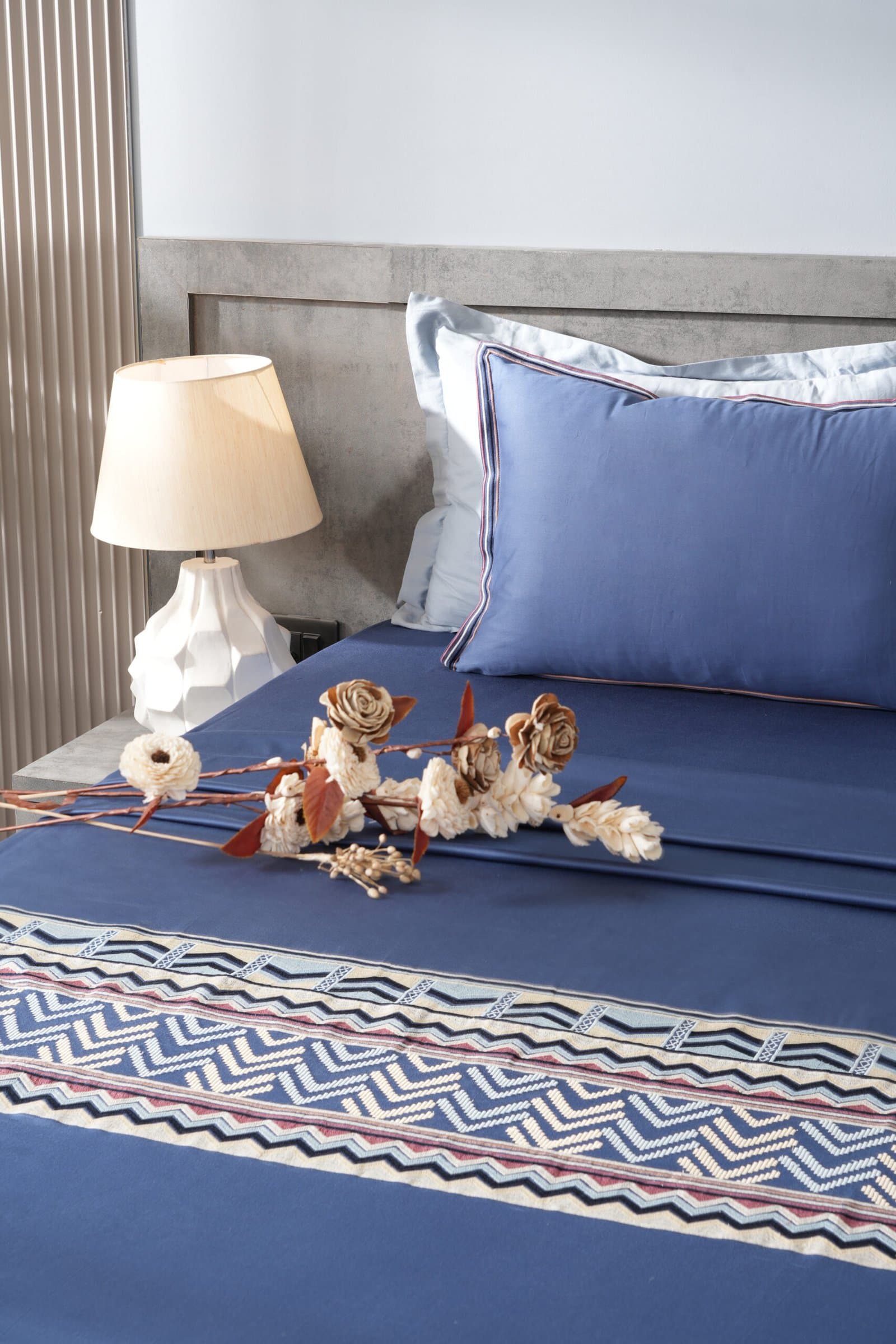Noor-E-Neel Embroidered Bedsheet Set | Misty Denim | Designer Embroidery | 1 Bedsheet with 2 Pillow Covers | Luxury Bedroom Décor (108″x108″/274cmx274cm)