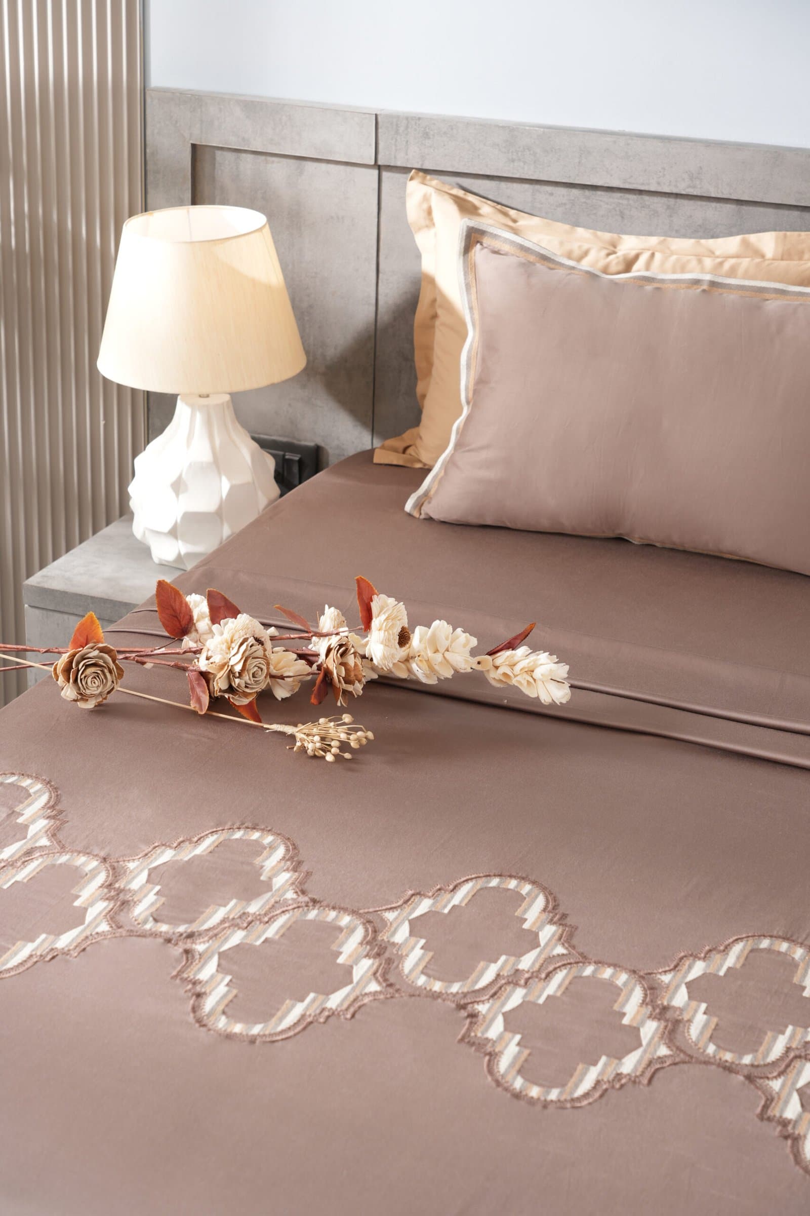Imperial Geometry Embroidered Bedsheet Set | Warm Cocoa | Designer Embroidery | 1 Bedsheet with 2 Pillow Covers | Luxury Bedroom Décor (108″x108″/274cmx274cm)