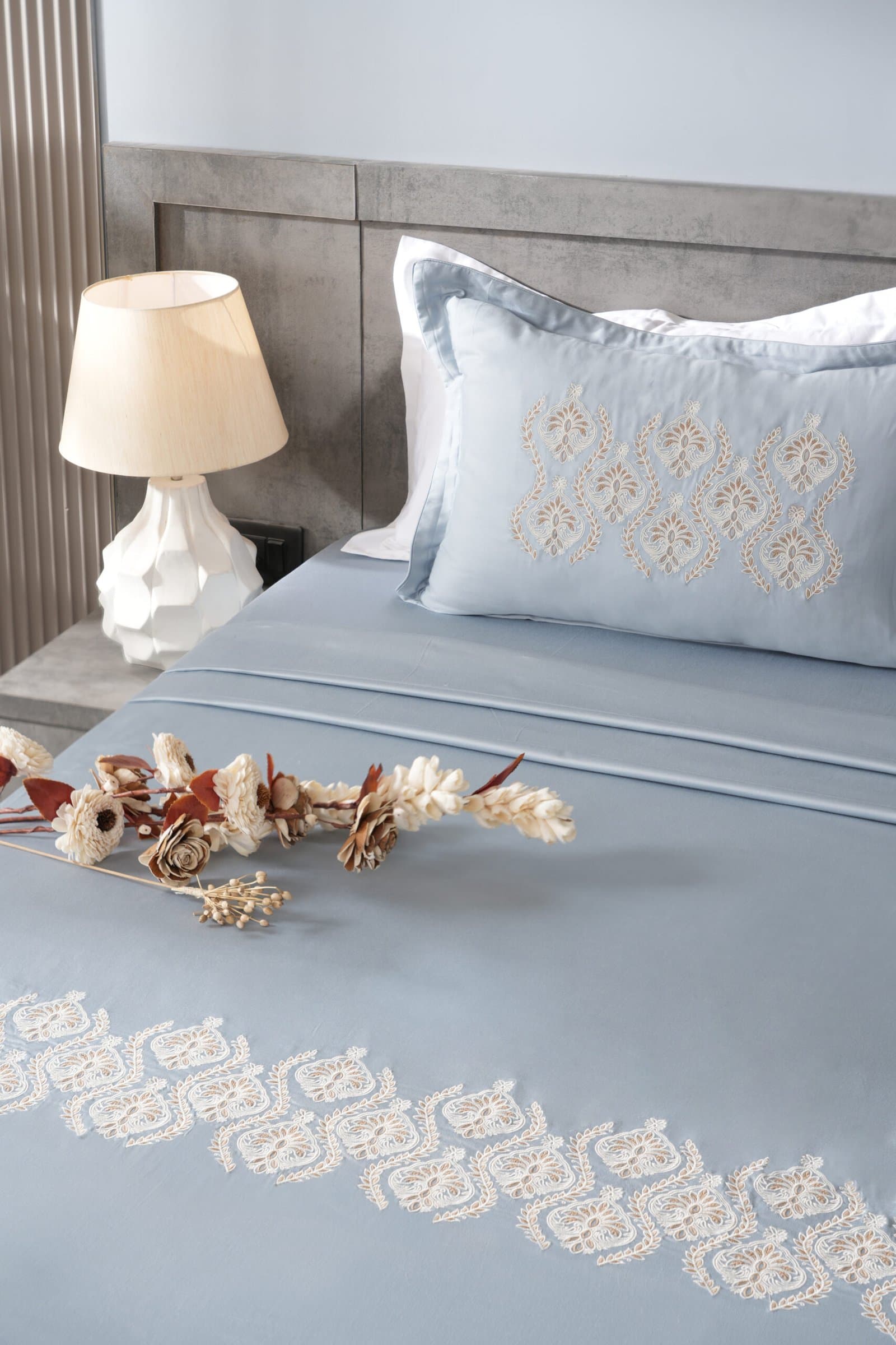 Zari Noor Buta Embroidered Bedsheet Set | Steel Blue | Designer Embroidery | 1 Bedsheet with 2 Pillow Covers | Luxury Bedroom Décor (108″x108″/274cmx274cm) (Copy)