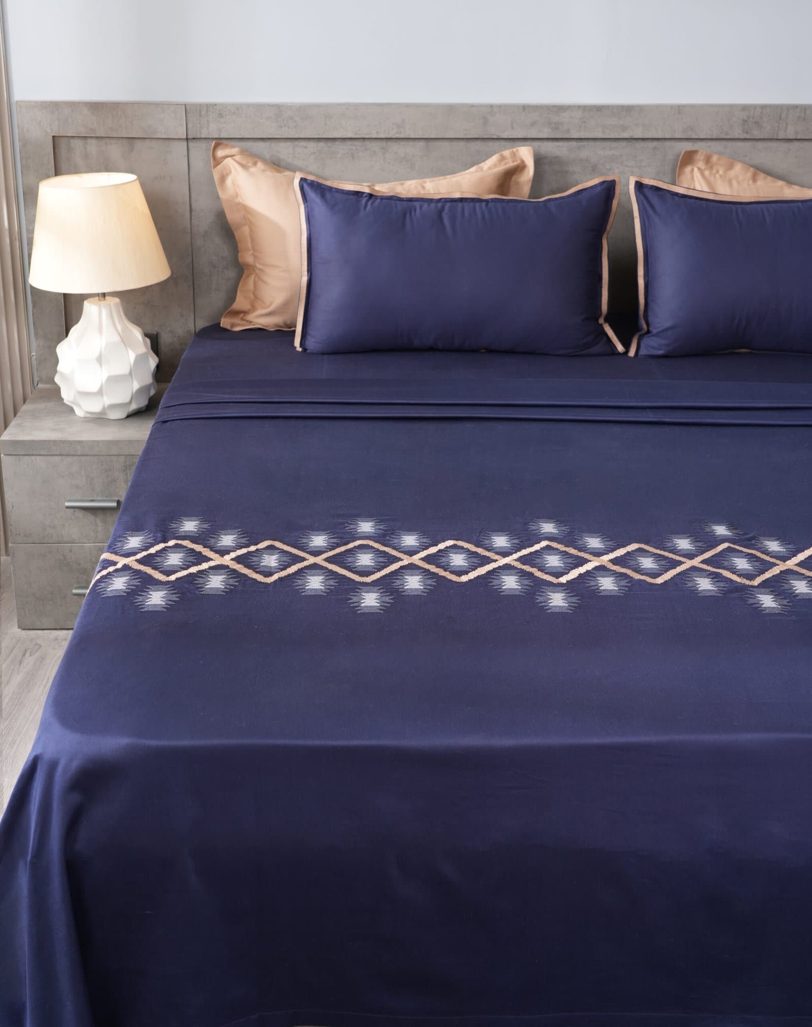 Mid-Night Weave Embroidered Bedsheet Set | Royal Navy | Designer Embroidery | 1 Bedsheet with 2 Pillow Covers | Luxury Bedroom Décor (108″x108″/274cmx274cm) view 6