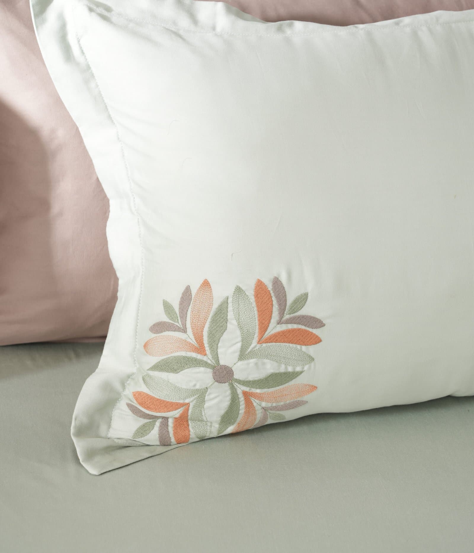 Bahoor Bloom Embroidered Bedsheet Set | Mist Green | Designer Embroidery | 1 Bedsheet with 2 Pillow Covers | Luxury Bedroom Décor (108″x108″/274cmx274cm) view 6