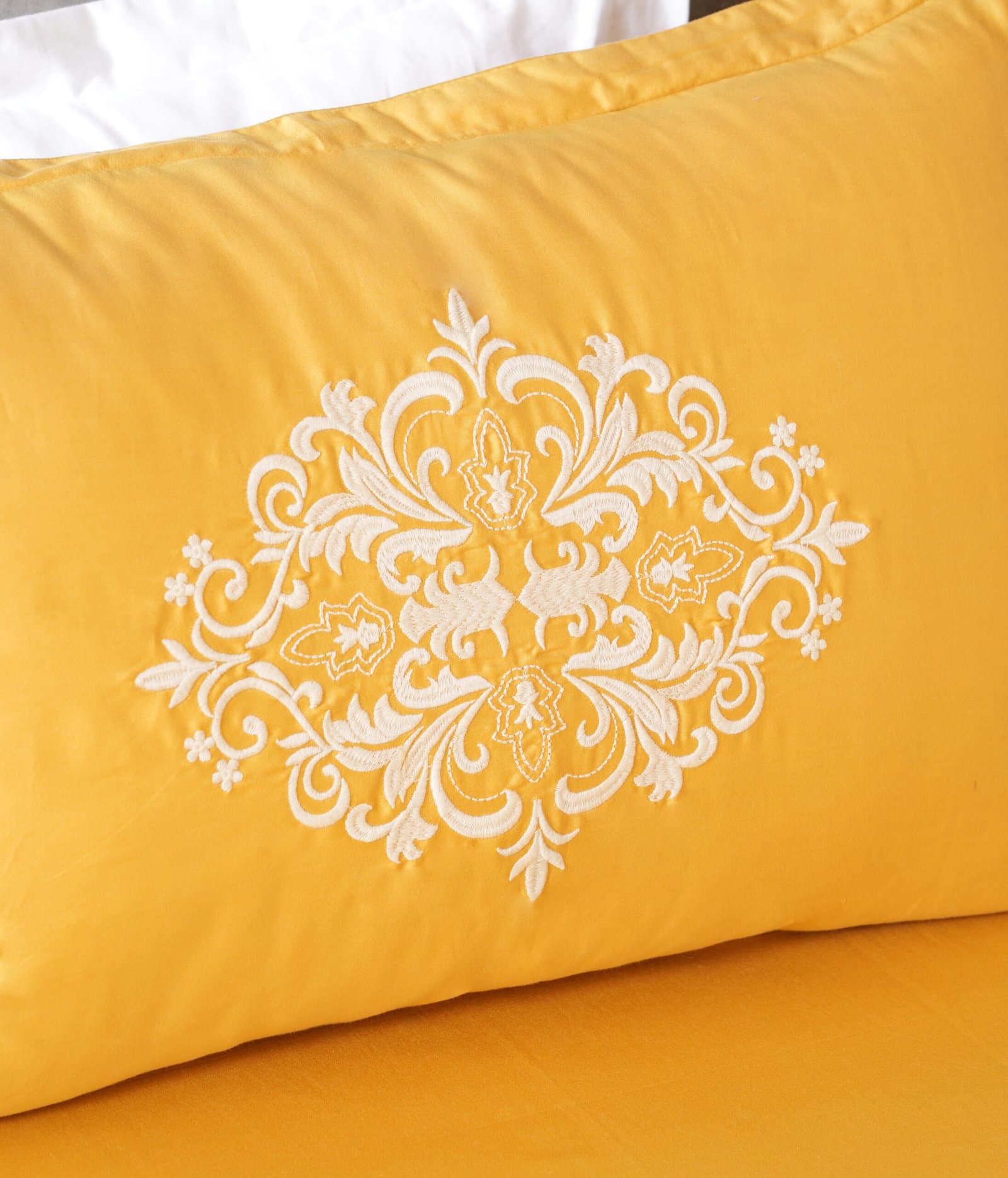 Jharokha Embroidered Bedsheet Set | Sunlit Gold | Designer Embroidery | 1 Bedsheet with 2 Pillow Covers | Luxury Bedroom Décor (108″x108″/274cmx274cm) view 4