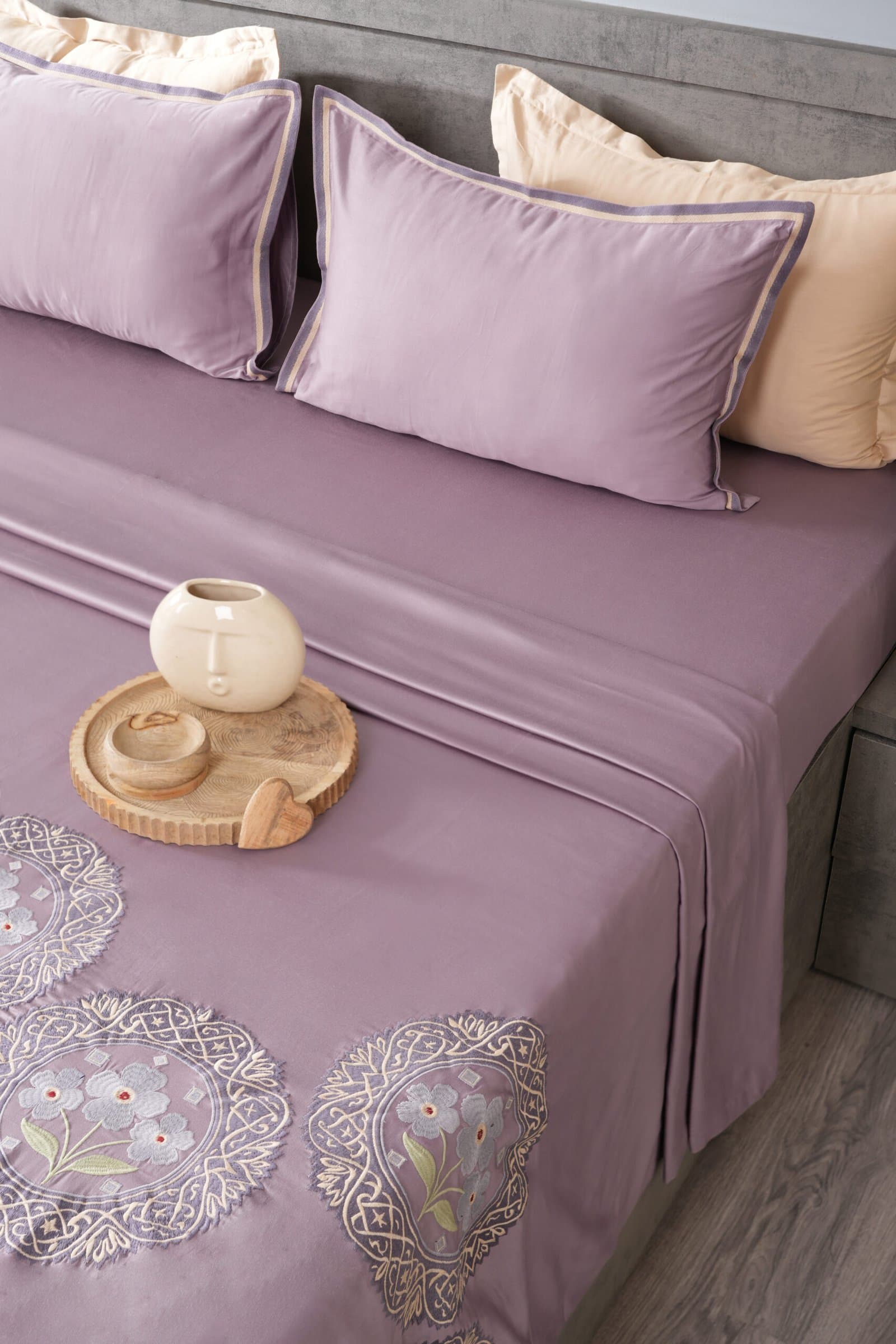 Moonflower Motif Embroidered Bedsheet Set | Smoky Lilac | Designer Embroidery | 1 Bedsheet with 2 Pillow Covers | Luxury Bedroom Décor (108″x108″/274cmx274cm) view 5